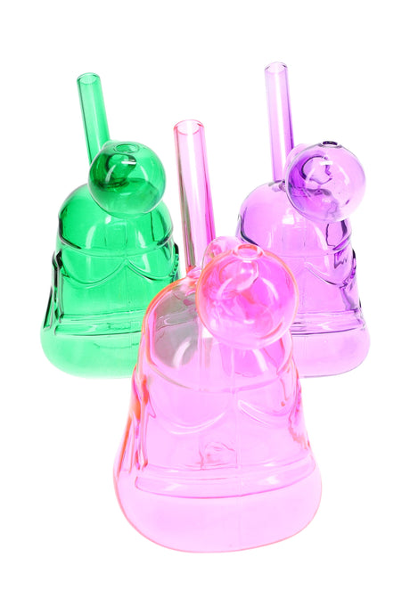 Trio of 3″ colored glass trooper mini rigs with angled mouthpieces and globe burner heads; green, purple, and pink shown on white.