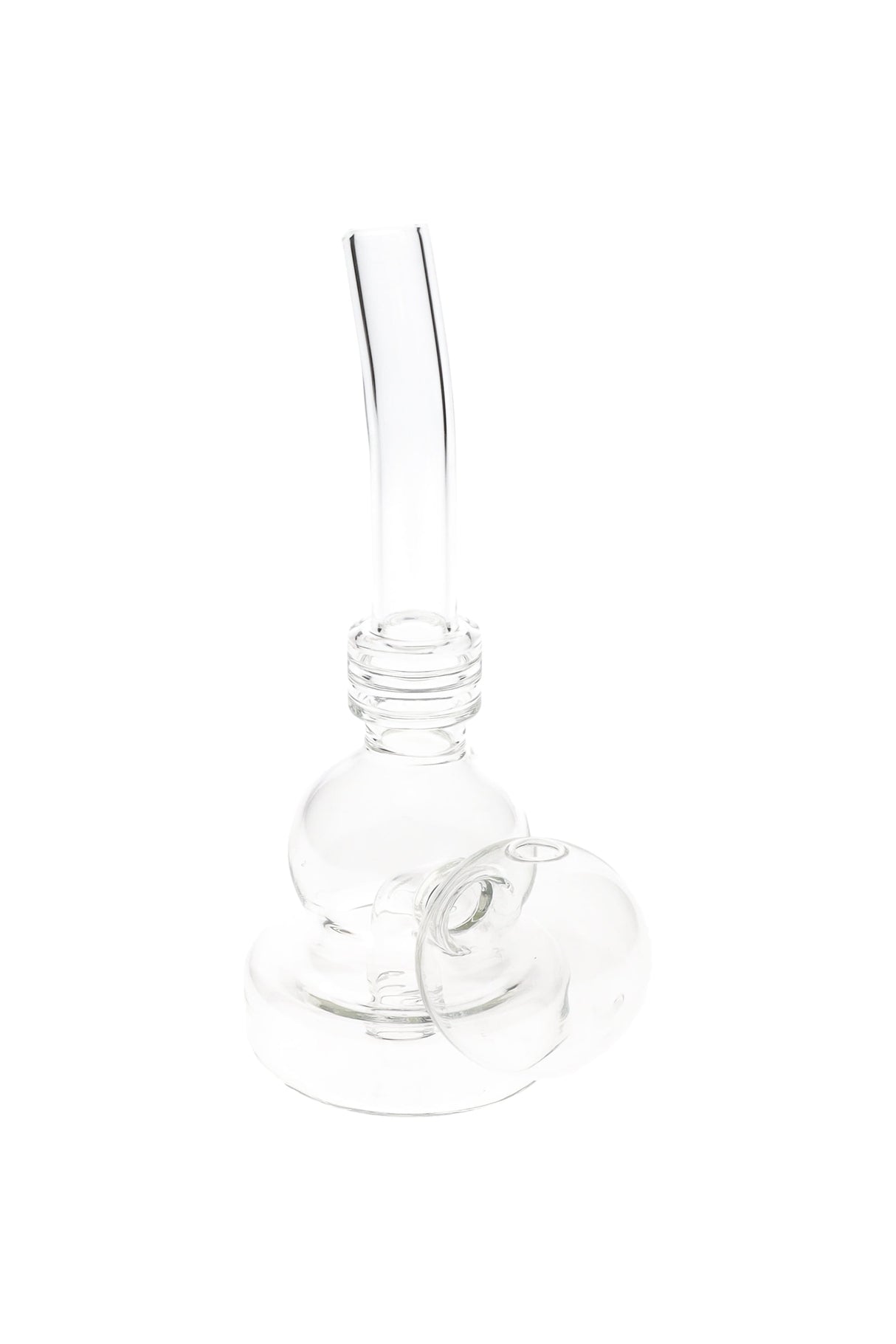 5.5″ clear glass oil burner rig with rounded base and angled mouthpiece; compact design for personal use.
