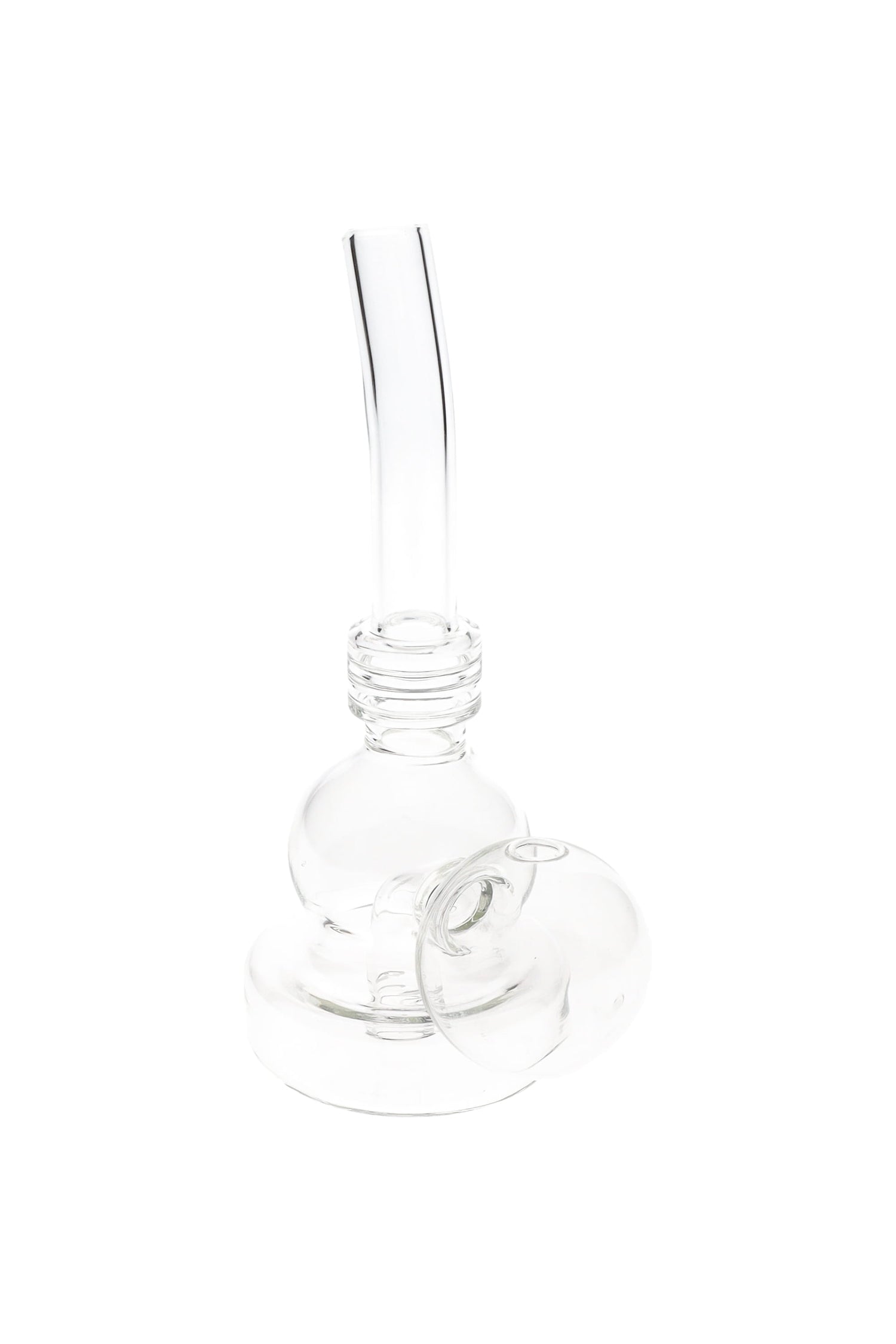 5.5″ clear glass oil burner rig with rounded base and angled mouthpiece; compact design for personal use.