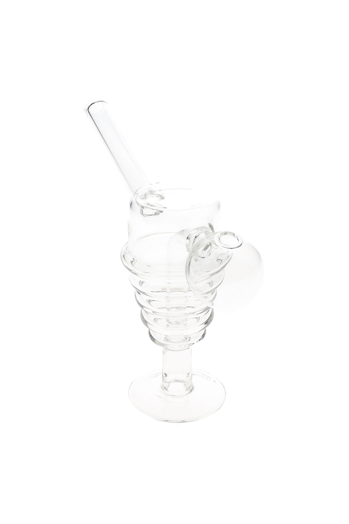 5.5″ clear glass spiral chamber oil burner rig with flared foot and angled straw mouthpiece.