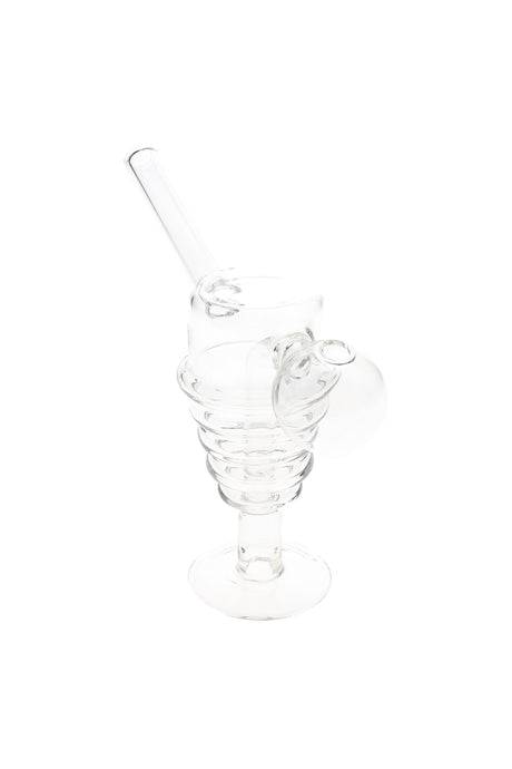 5.5″ clear glass spiral chamber oil burner rig with flared foot and angled straw mouthpiece.