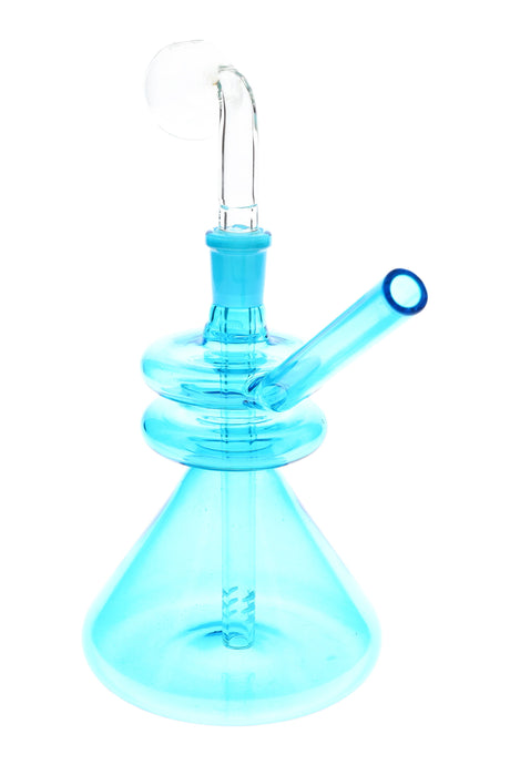 Blue beaker-style mini oil burner with glass-on-glass joint and angled straw; compact 6″ design on white background.
