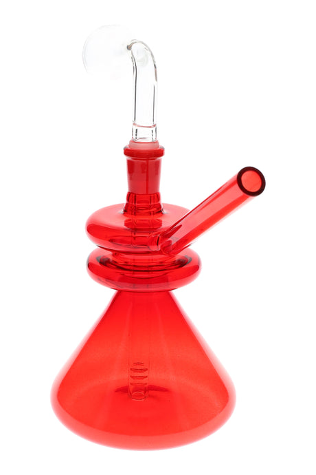 Red beaker oil burner rig with clear burner bulb, donut neck accents, and angled straw mouthpiece, product close-up.