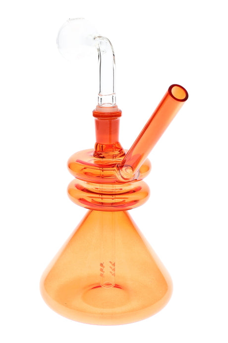 Orange beaker oil burner showing double-donut neck, glass-on-glass joint, and angled straw mouthpiece, studio white background.