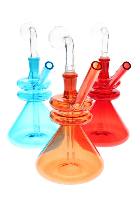 6″ colored glass beaker oil burner with double-donut neck, angled straw mouthpiece, and clear burner bulb; assorted colors, sold individually.