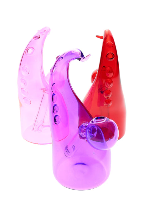 5½″ colored glass tentacle oil burner rig with raised grip dots, clear globe burner and side straw mouthpiece; assorted colors, about 95 g.