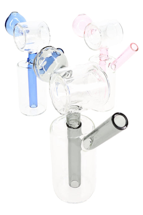 4″ colored glass donut-hole recycler mini oil burner with bubble burner and angled straw mouthpiece; assorted accent colors, sold individually.