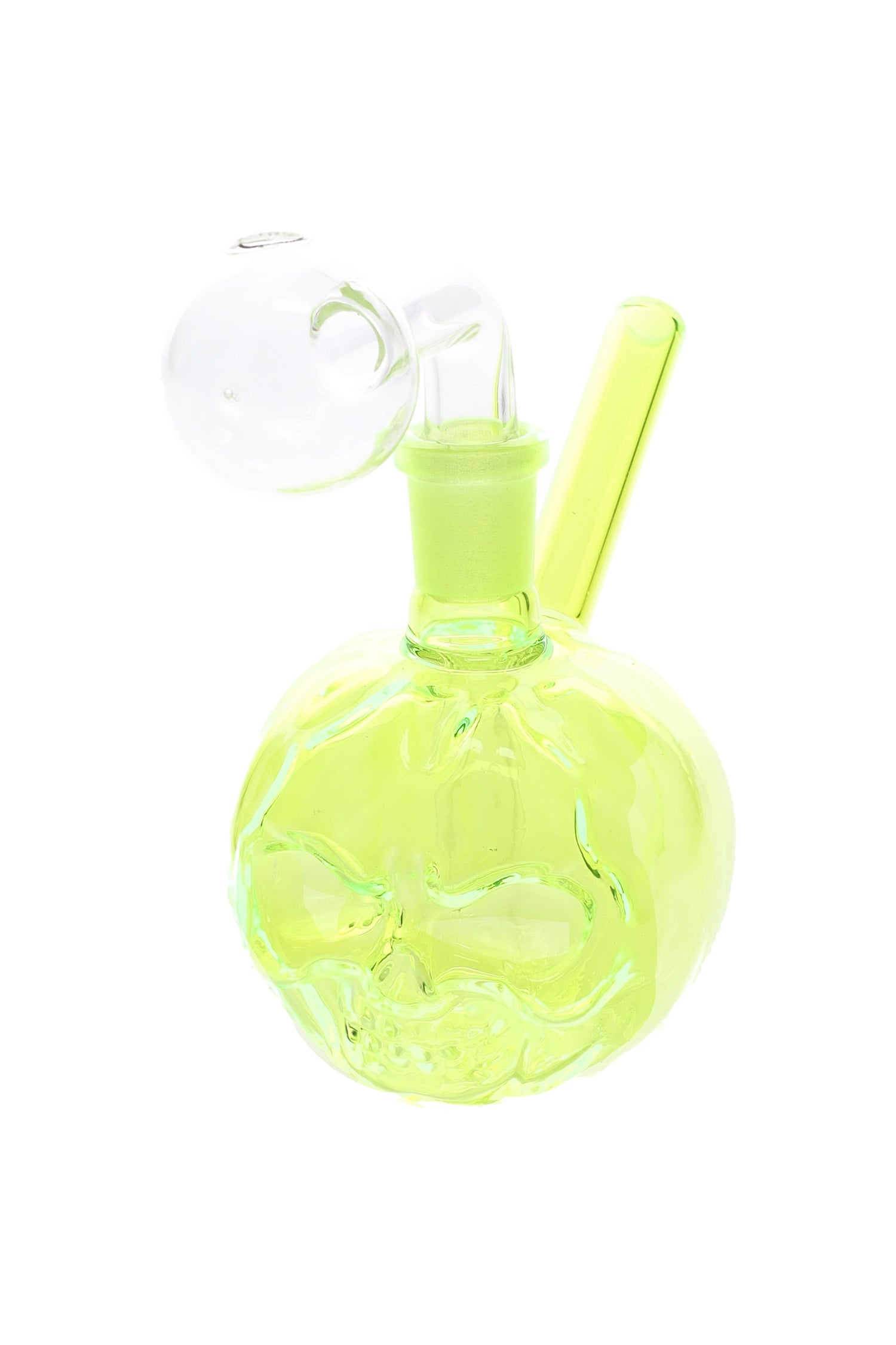 3½″ neon green glass pumpkin skull mini oil burner featuring clear bubble burner and angled straw-style mouthpiece; assorted colors.