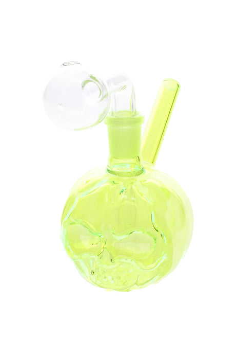 3½″ neon green glass pumpkin skull mini oil burner featuring clear bubble burner and angled straw-style mouthpiece; assorted colors.