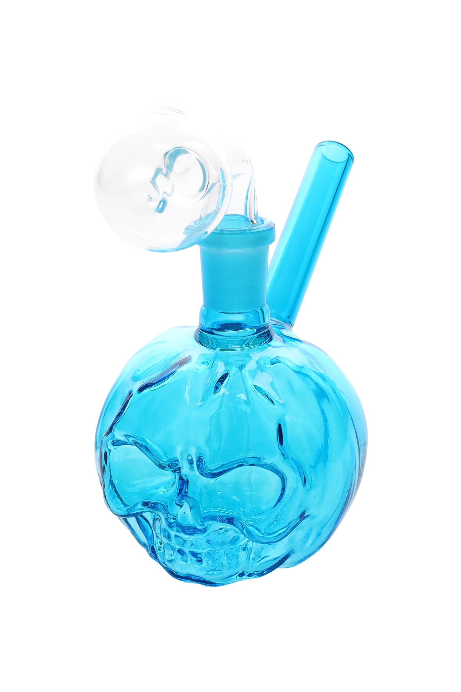 3½″ blue glass pumpkin skull oil burner with glass-on-glass joint, clear bubble burner, and angled straw mouthpiece; assorted colors.