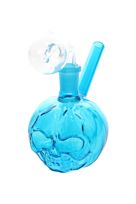 3½″ blue glass pumpkin skull oil burner with glass-on-glass joint, clear bubble burner, and angled straw mouthpiece; assorted colors.