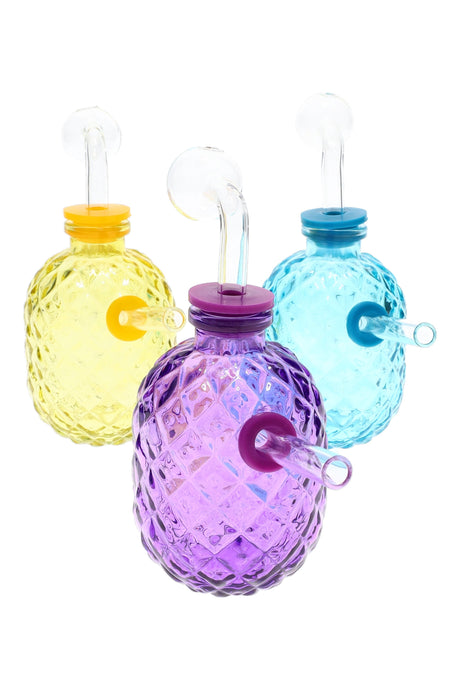 Compact 4″ colored glass pineapple oil burner rig with textured body and clear globe burner, assorted colors, side straw mouthpiece, about 230 g.