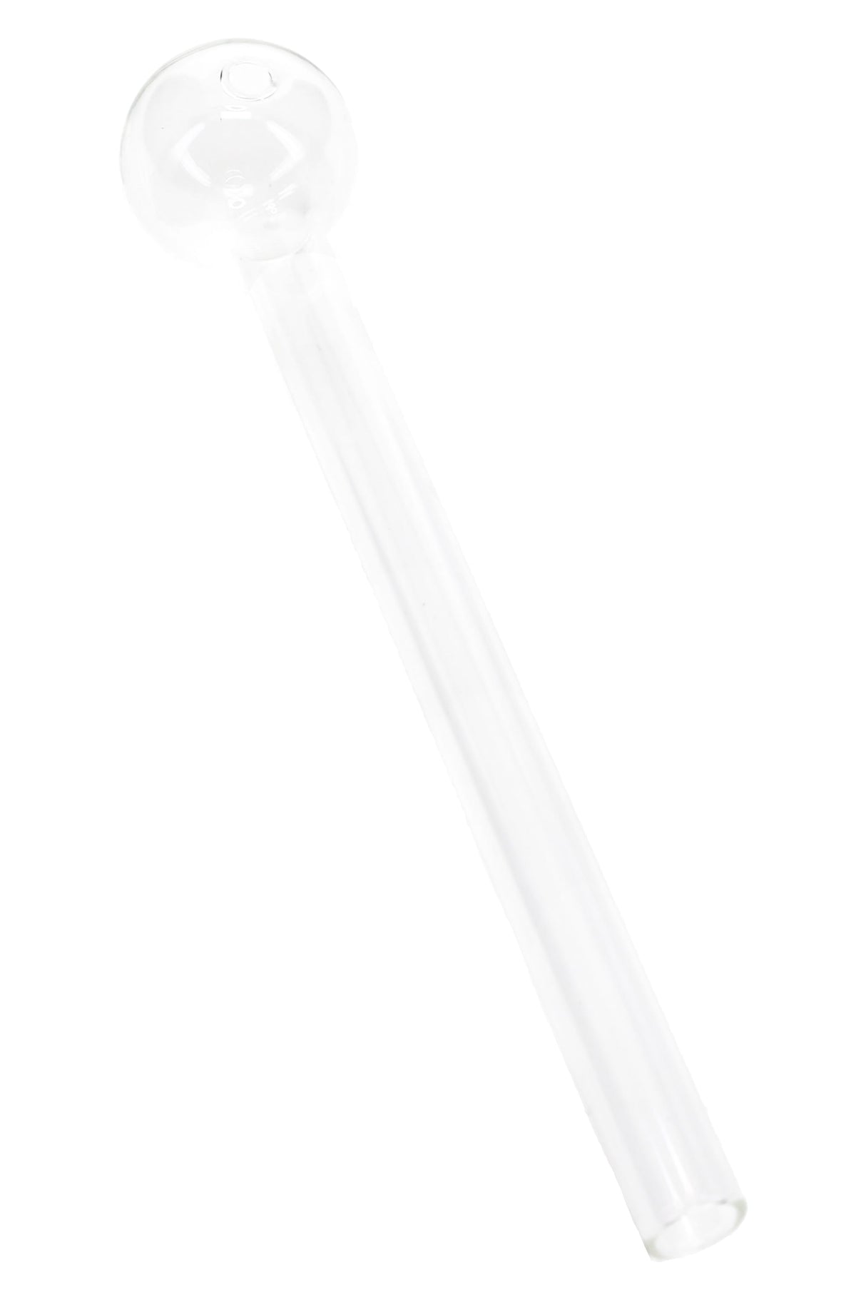 Angled view of a 6-inch thin clear glass oil burner pipe showing straight stem and round bowl on white background.