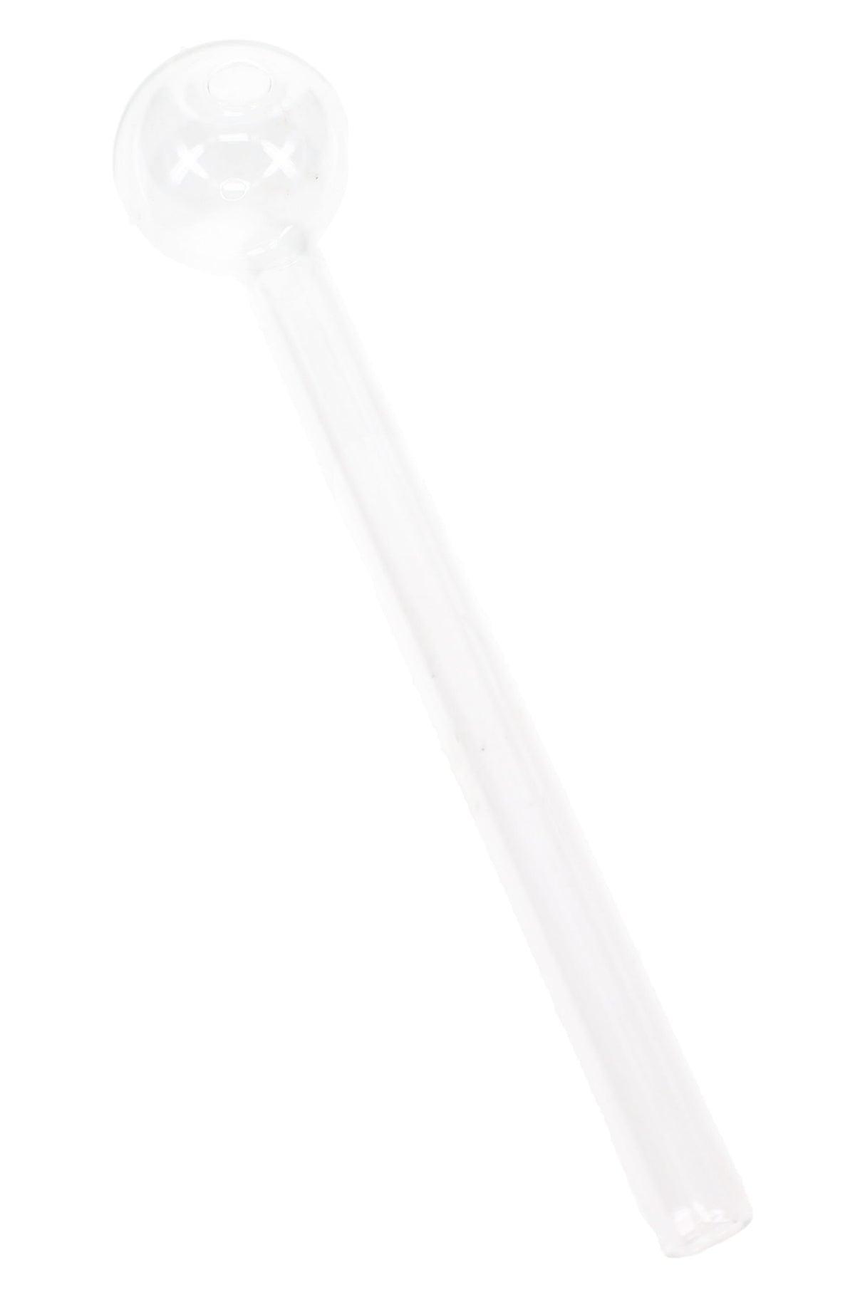 Angled view of a 6-inch thin clear glass oil burner pipe showing straight stem and round bowl on white background.