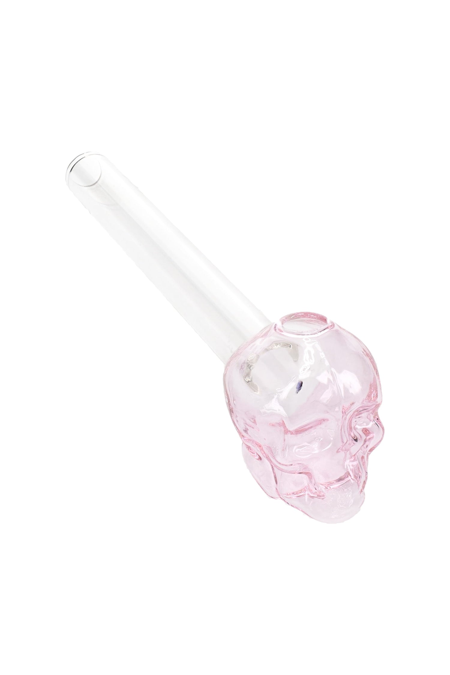 Pink glass skull oil burner pipe with clear straight stem and round top opening; 5″ length, bold sculpted head, sold individually.