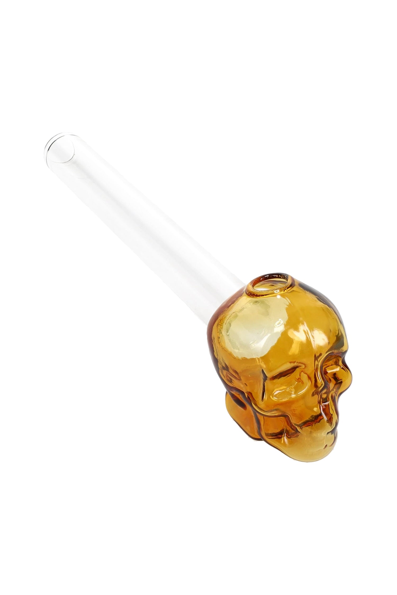 Amber glass skull oil burner pipe with clear straight stem and round opening; compact 5″ size for precise heating of oils.