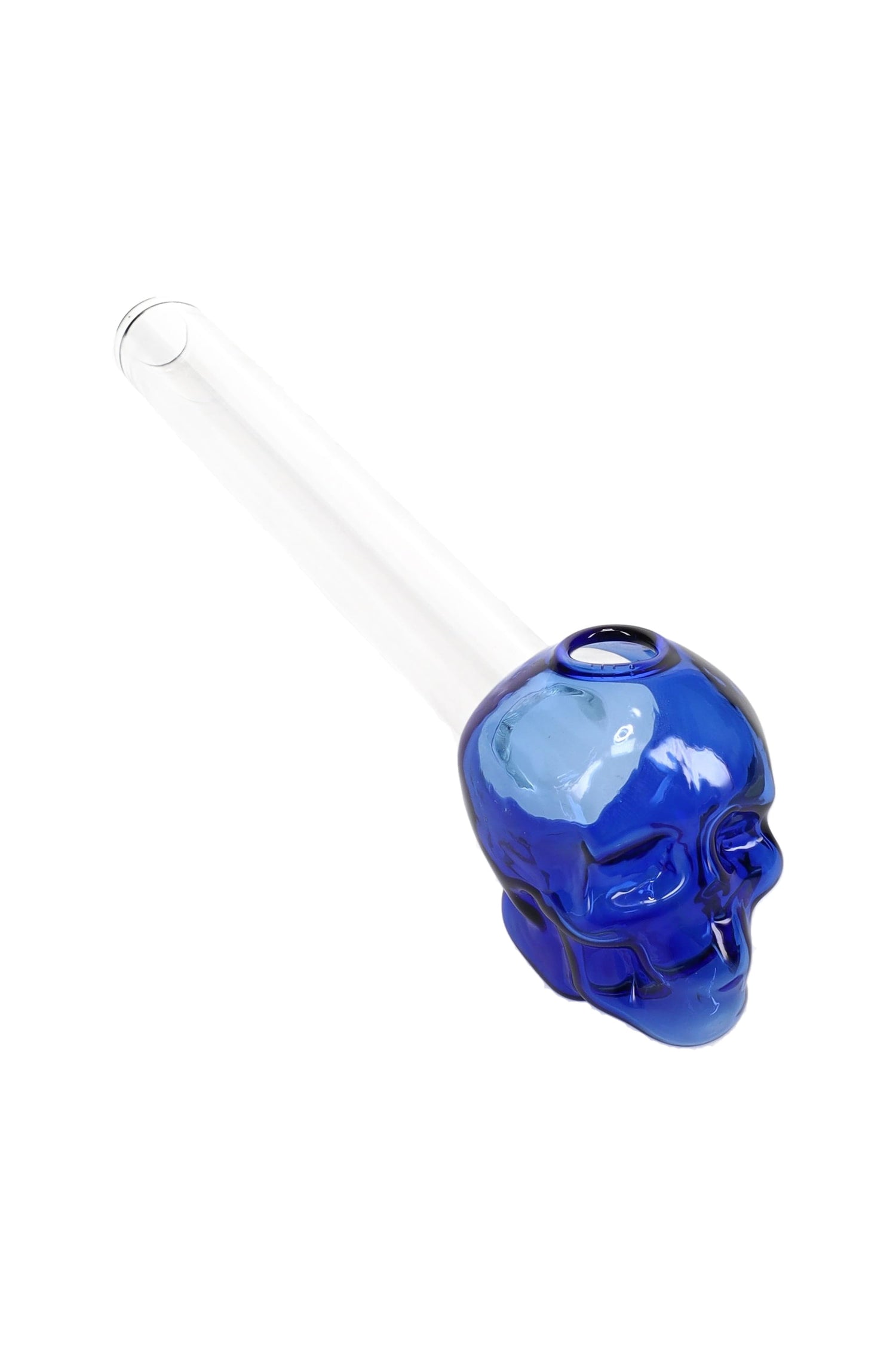 Cobalt blue glass skull oil burner pipe with clear straight stem and top opening; 5″ compact length and glossy finish.