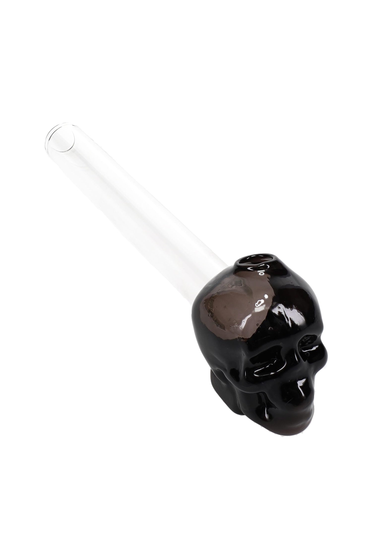 Black glass skull oil burner pipe with clear straight stem and top opening; 5″ compact design with sculpted skull head.
