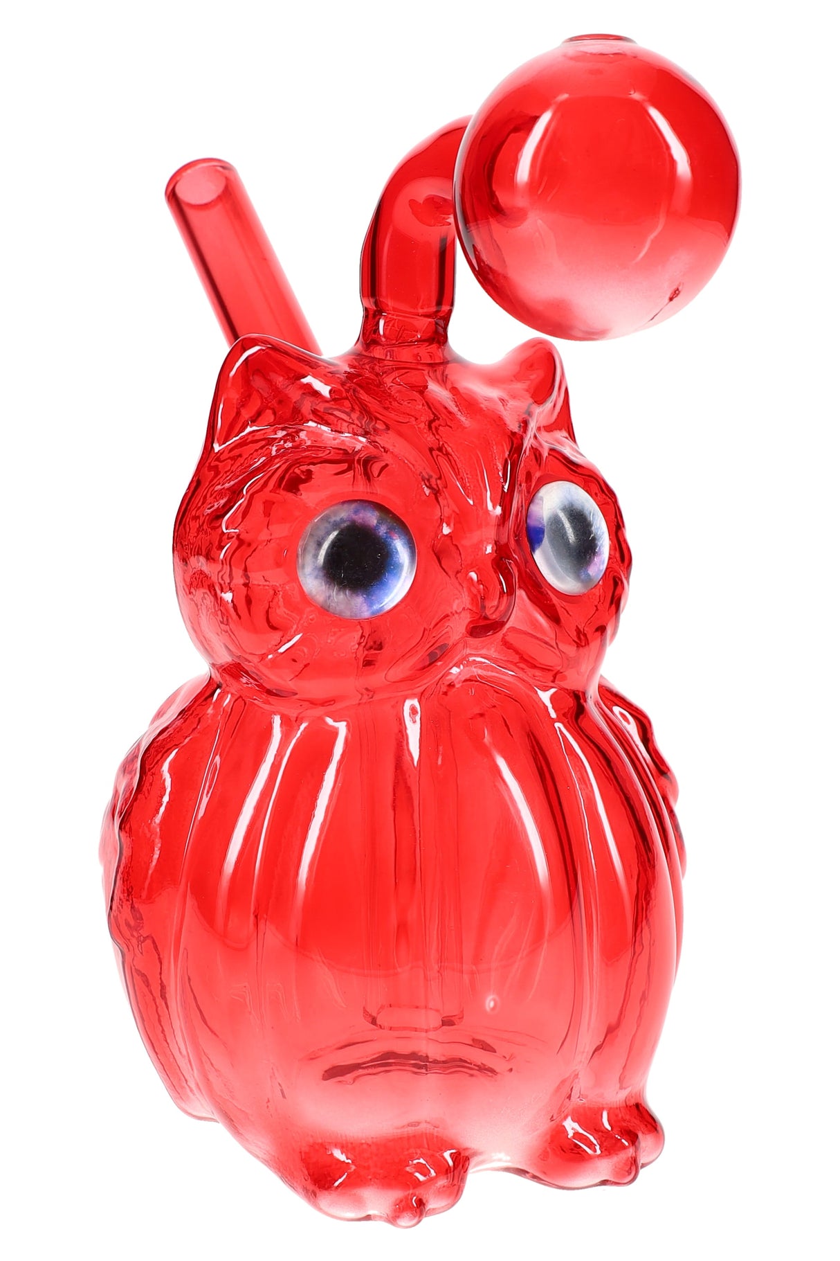 Red glass owl oil burner rig close-up, 4″ novelty figure design with clear bubble chamber and angled neck.