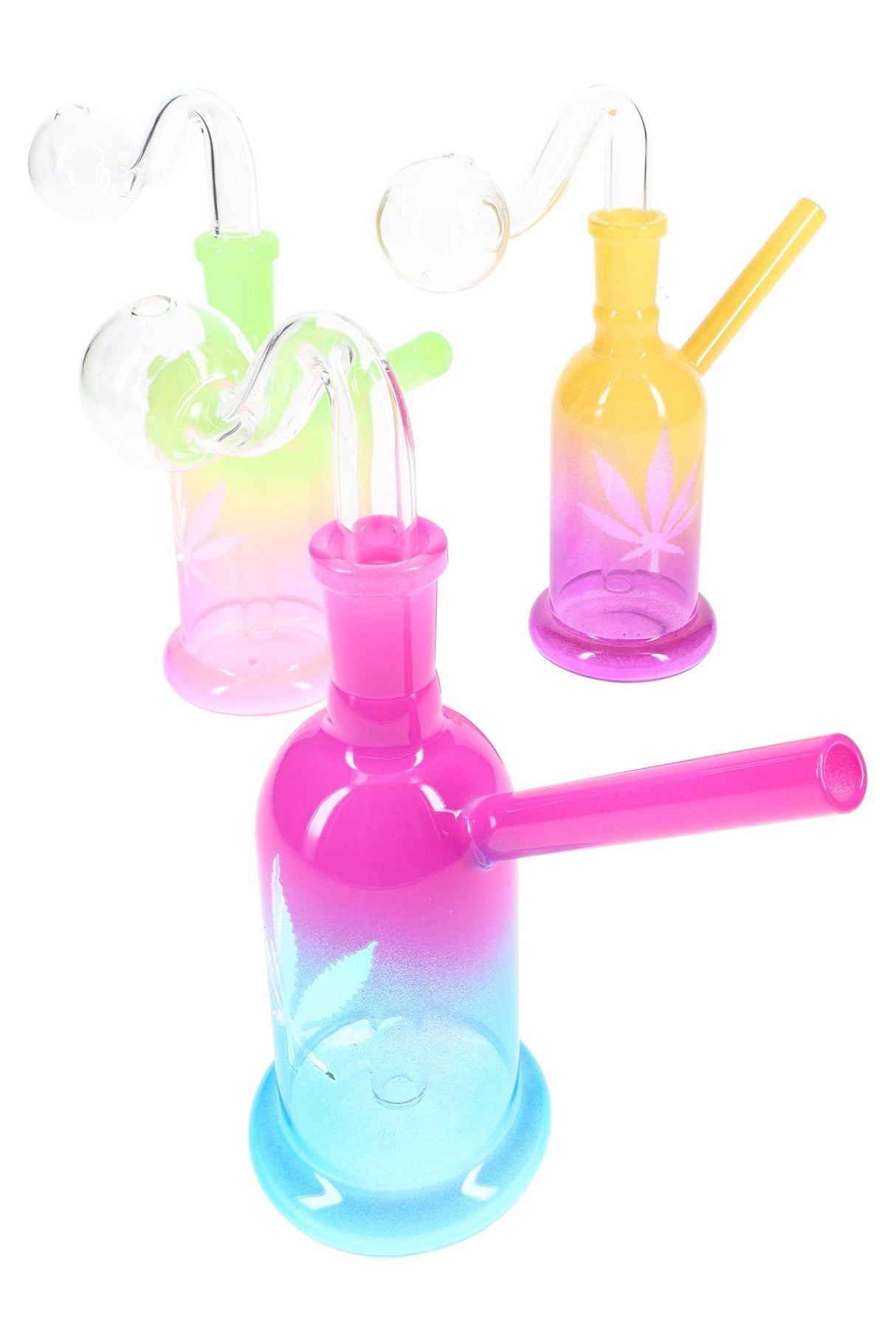 Assorted multicolor leaf-design oil burner rig group photo, 5″ glass pieces with gradient bodies and clear bulb tops.