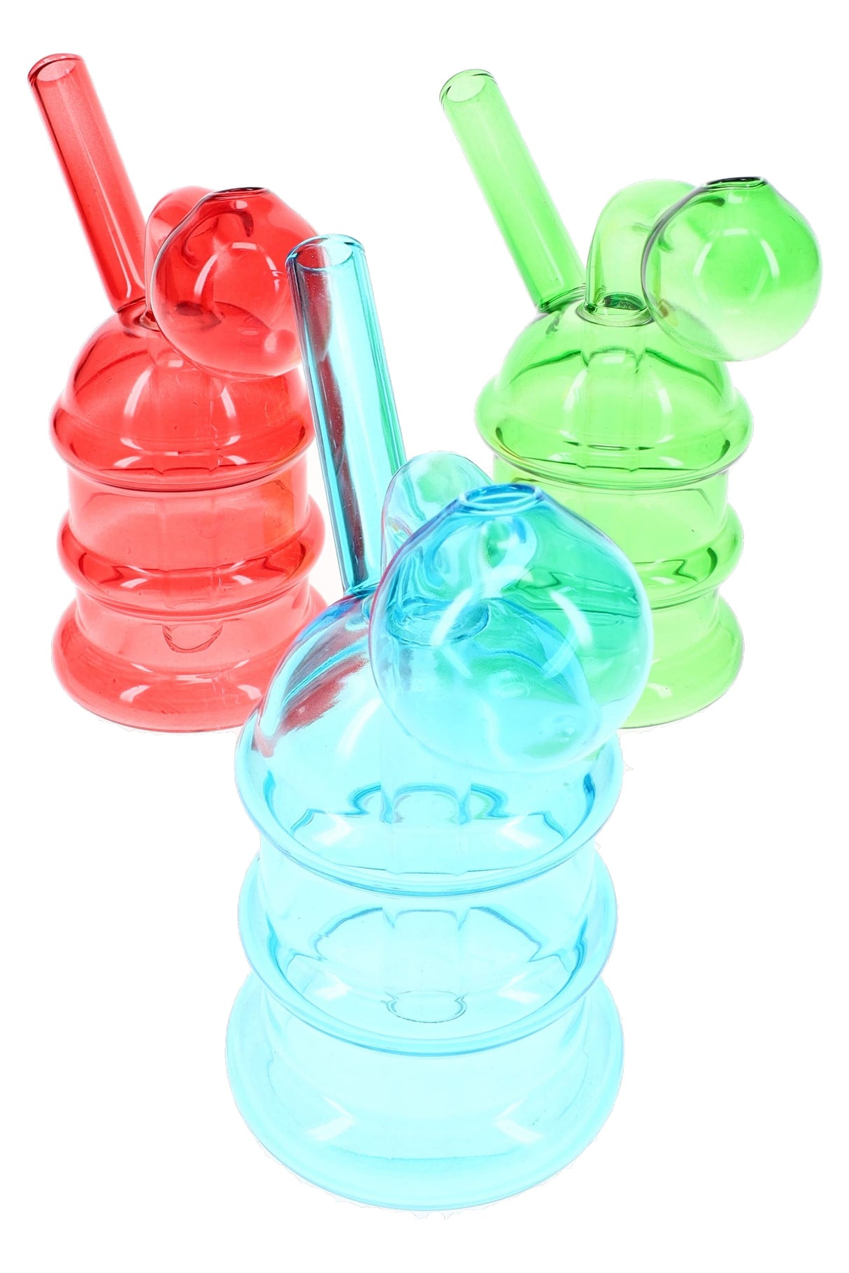 Assorted colorful ridged glass oil burner rigs in red, green, and blue, compact 4.5-inch mini glass pieces sold individually