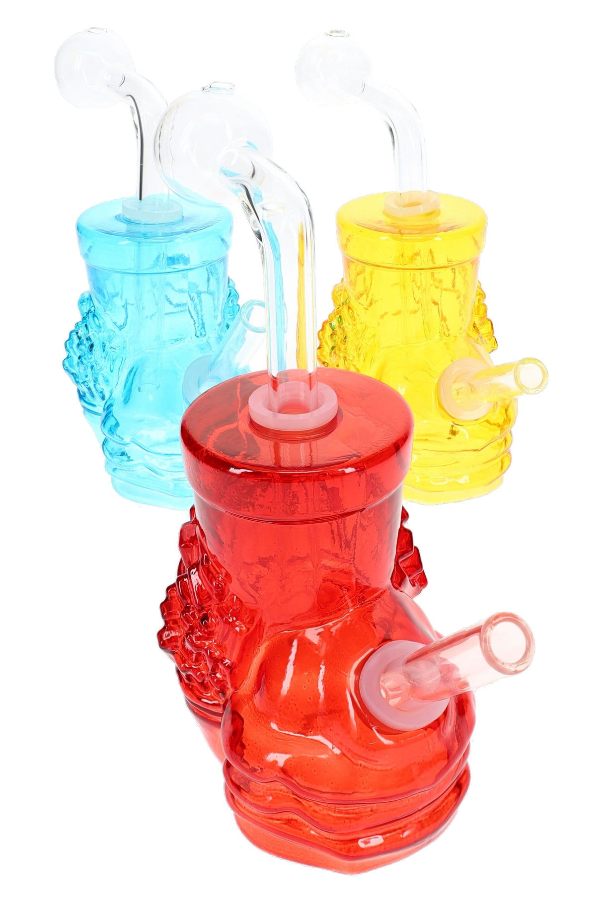 Assorted colorful glass takeout oil burner rigs with burger, fries, and shake design, 5.5-inch novelty pieces sold individually