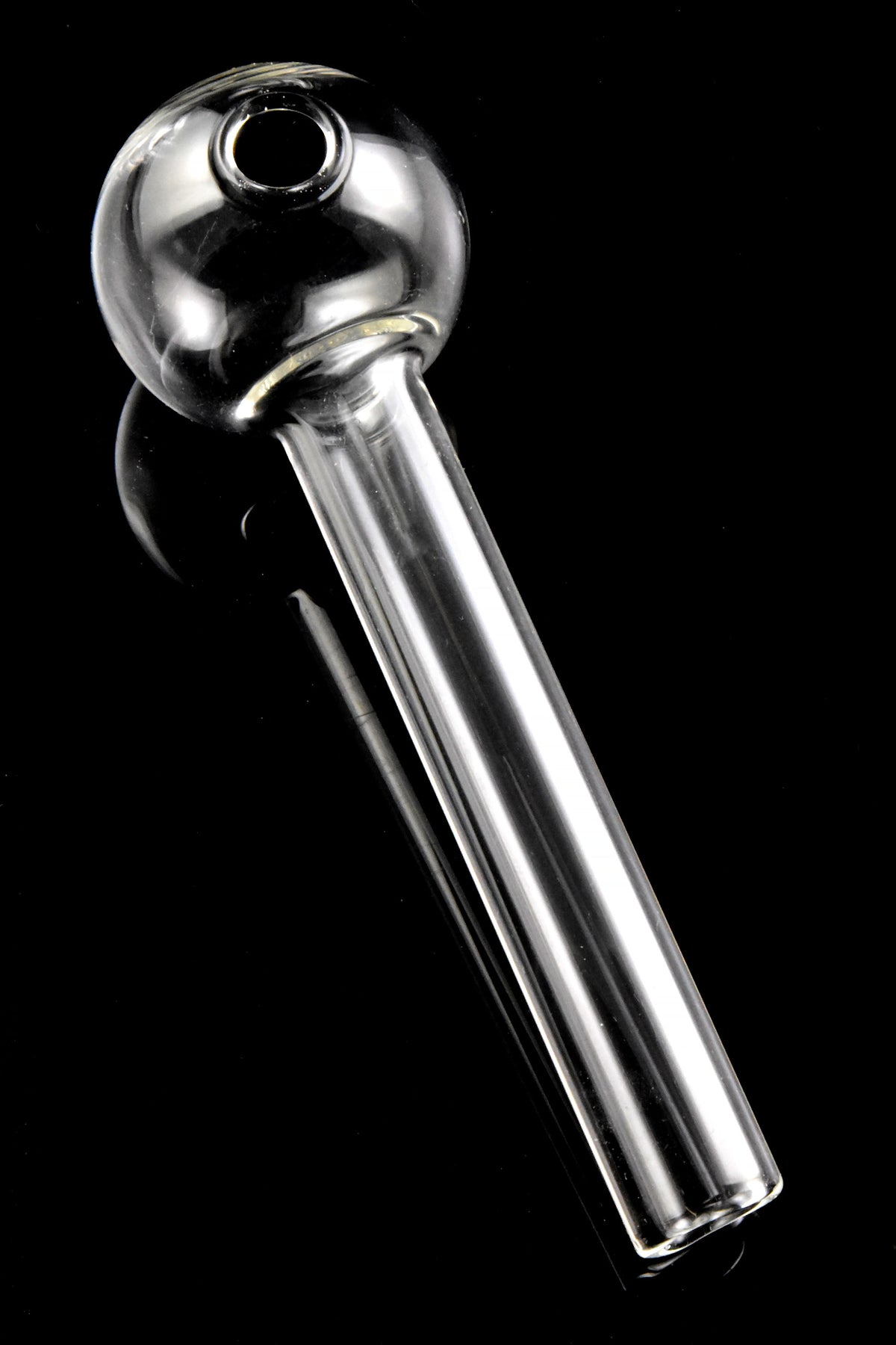 Clear thick glass straight oil burner pipe on black background showing rounded chamber and 4″ tube