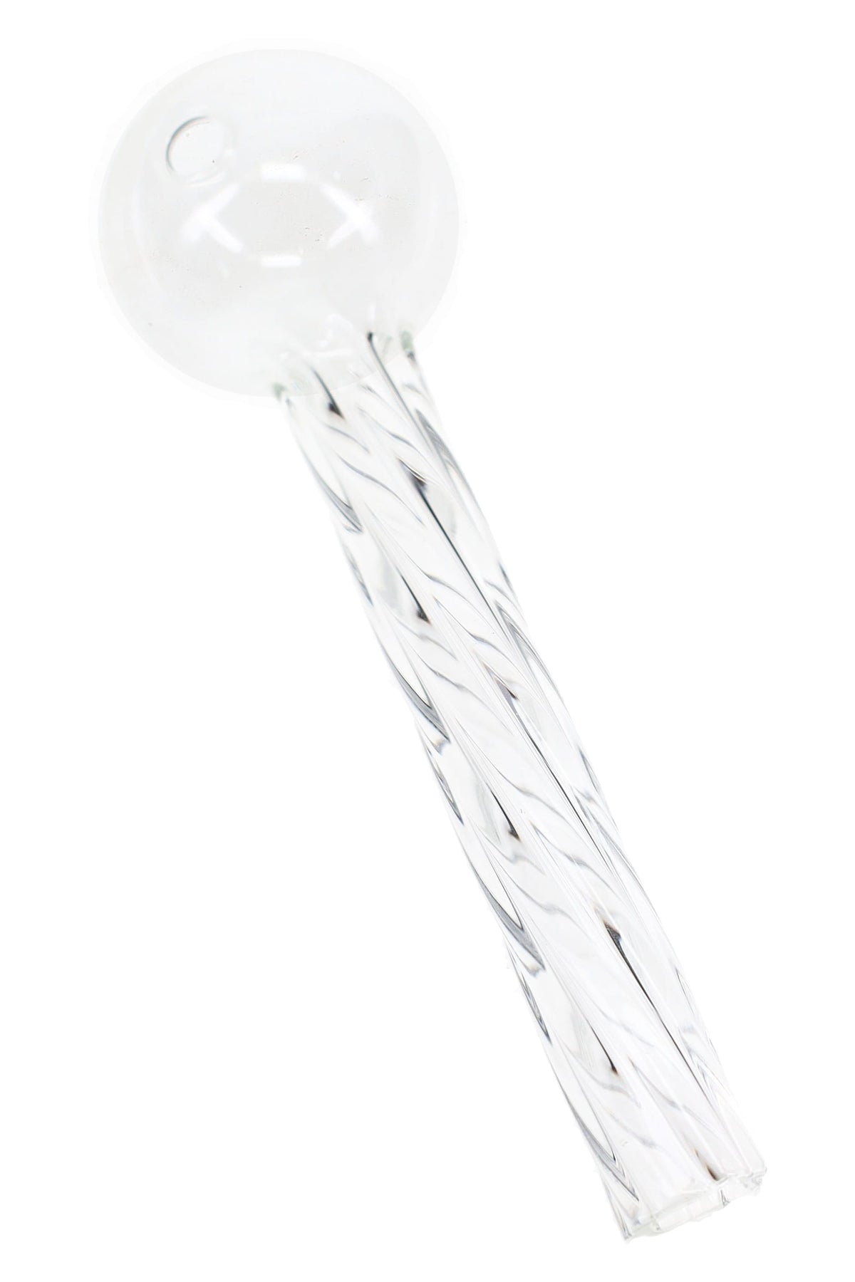 Clear 4″ glass oil burner pipe with round chamber and decorative twisted glass stem on a white background