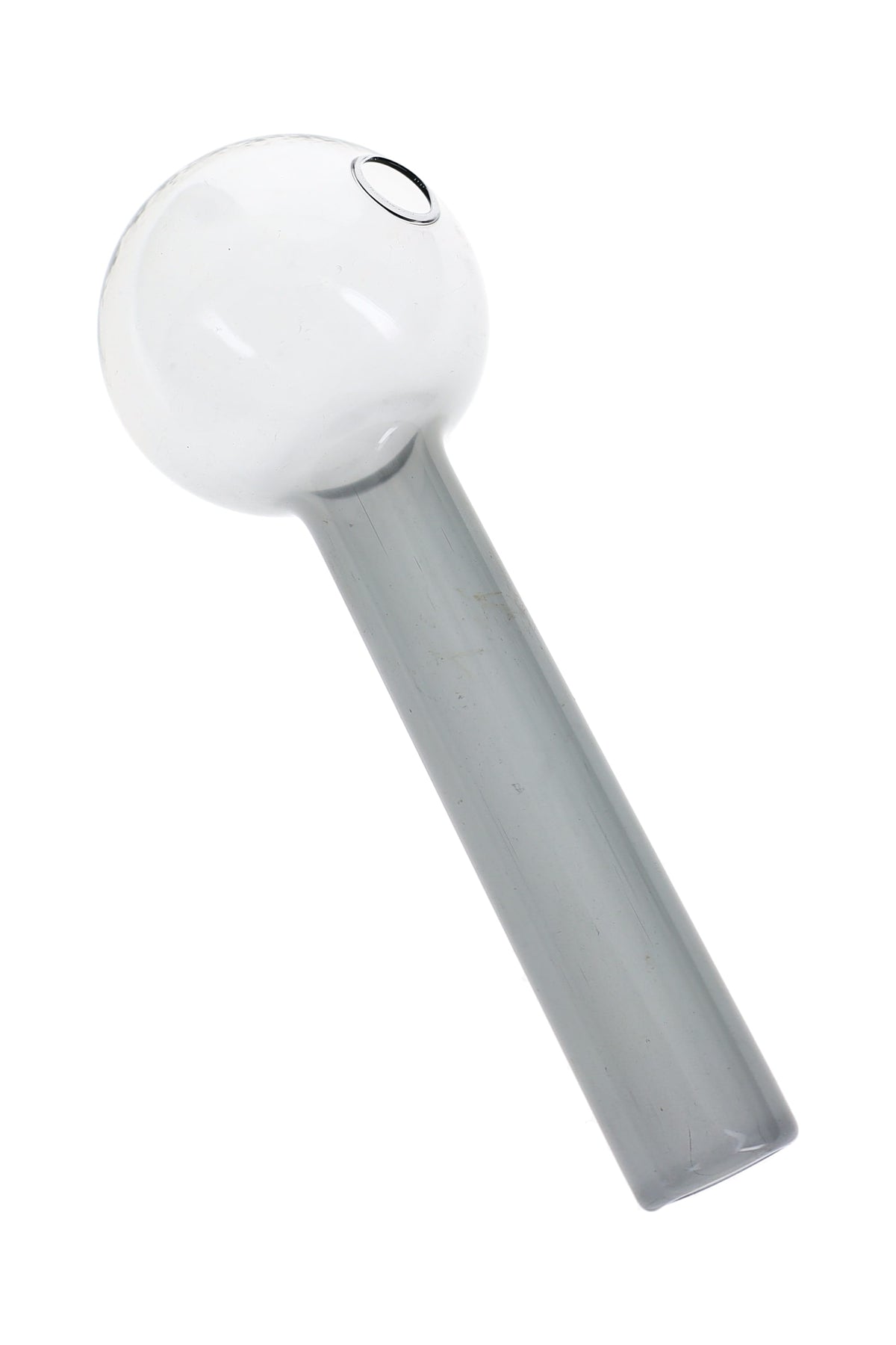 Smoke gray 4″ glass oil burner pipe with jumbo round chamber, straight stem, and side opening
