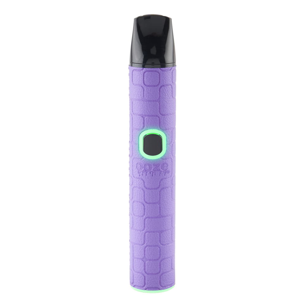 Purple Ooze Pinch dry herb vaporizer with textured body, black mouthpiece, and glowing control button