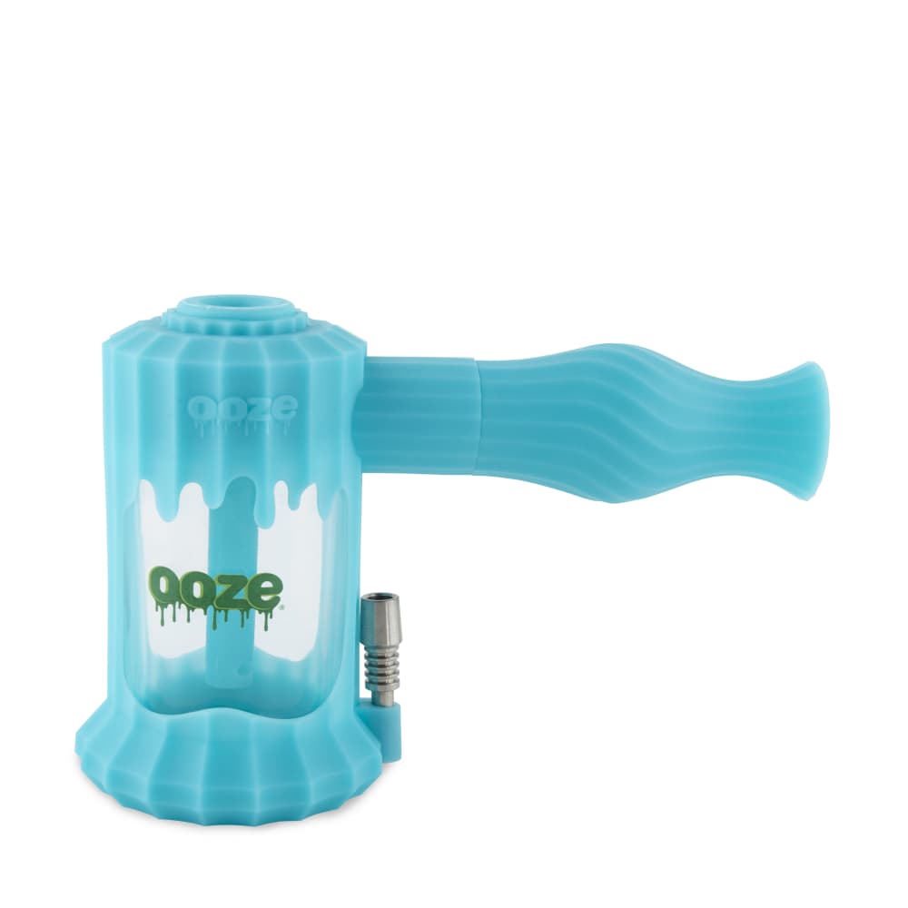 Aqua teal Ooze Clobb body without top attachment showing silicone shell and clear glass chamber