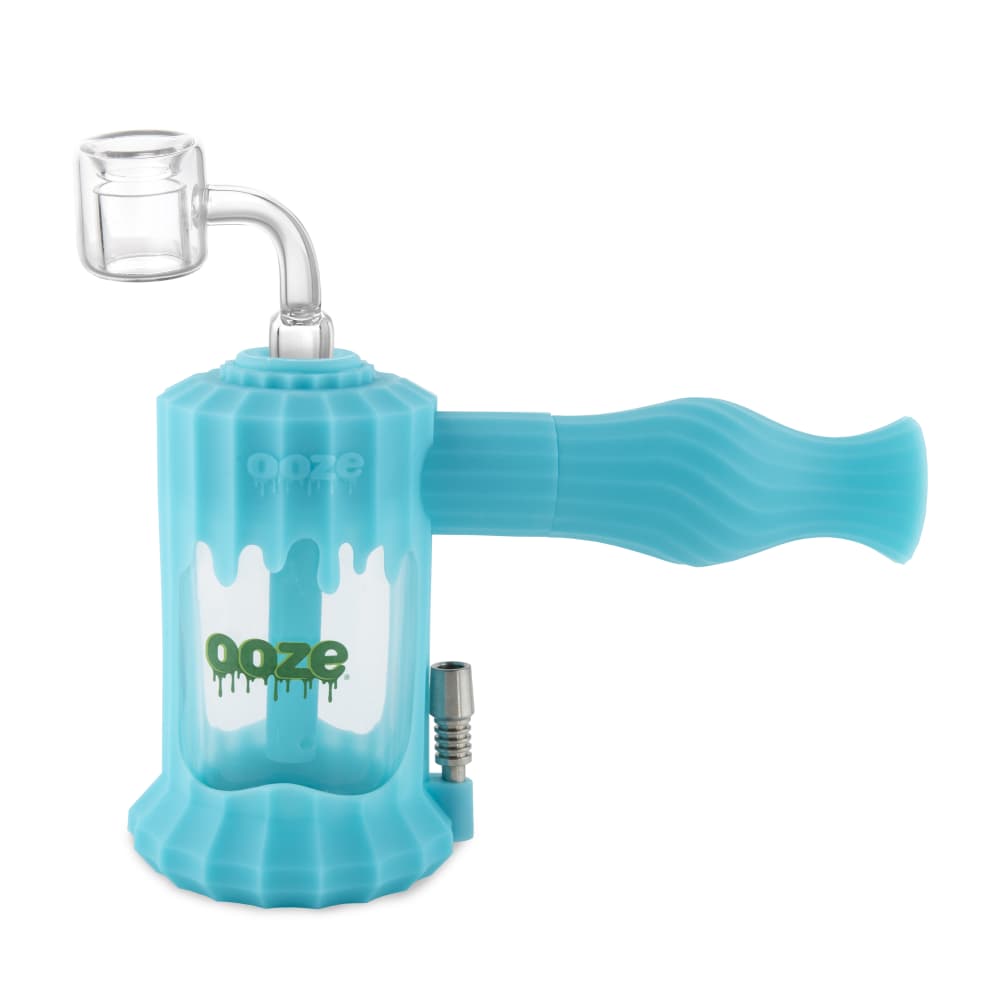 Aqua teal Ooze Clobb configured with quartz banger for concentrate use and titanium mount