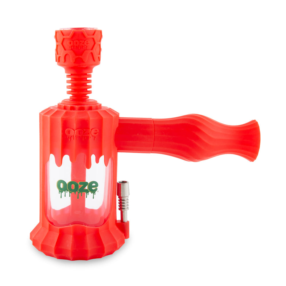 Scarlet Ooze Clobb hybrid water pipe with red silicone body, glass chamber, and accessory mount