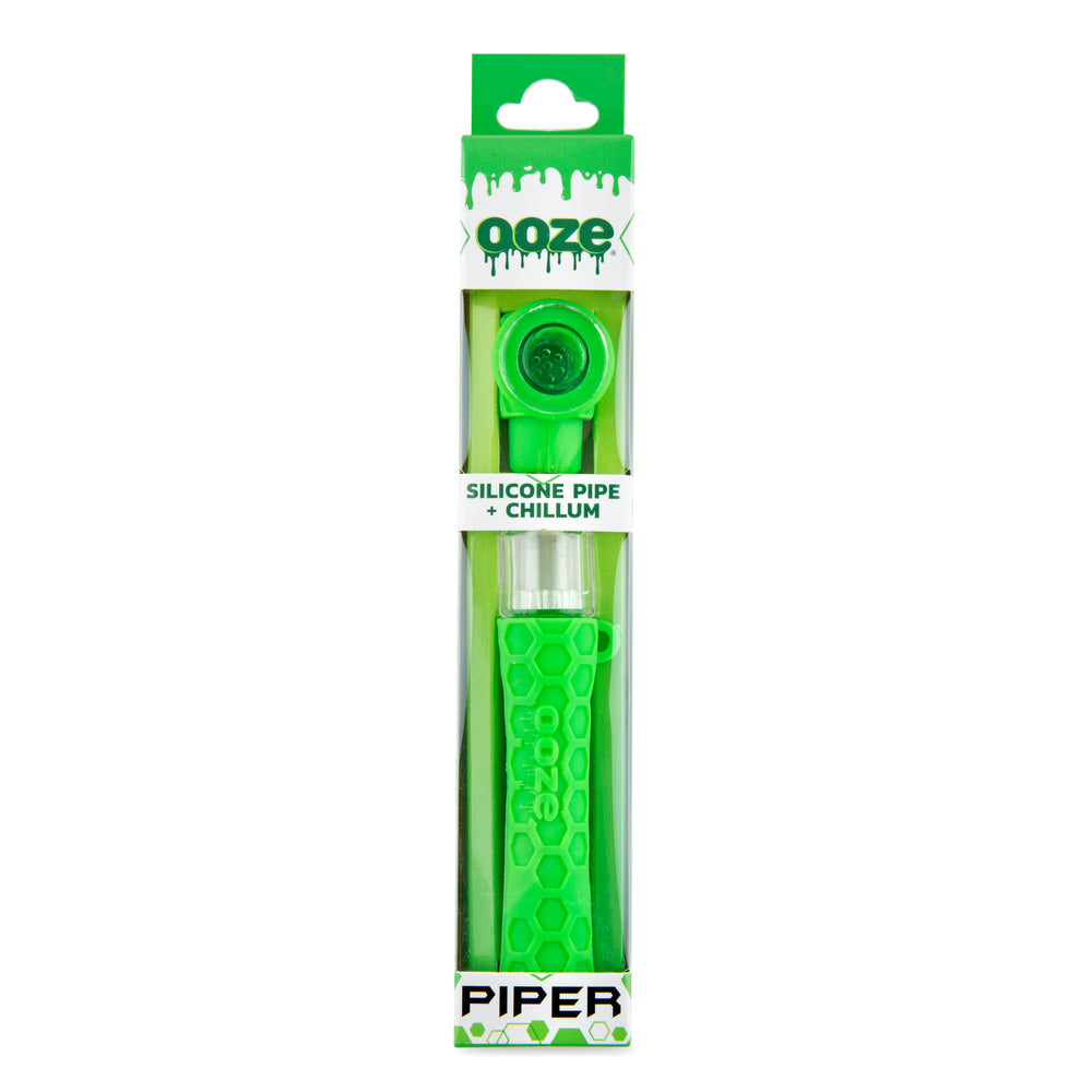 Bright green Ooze Piper silicone pipe and chillum packaged in Ooze branded hanging box