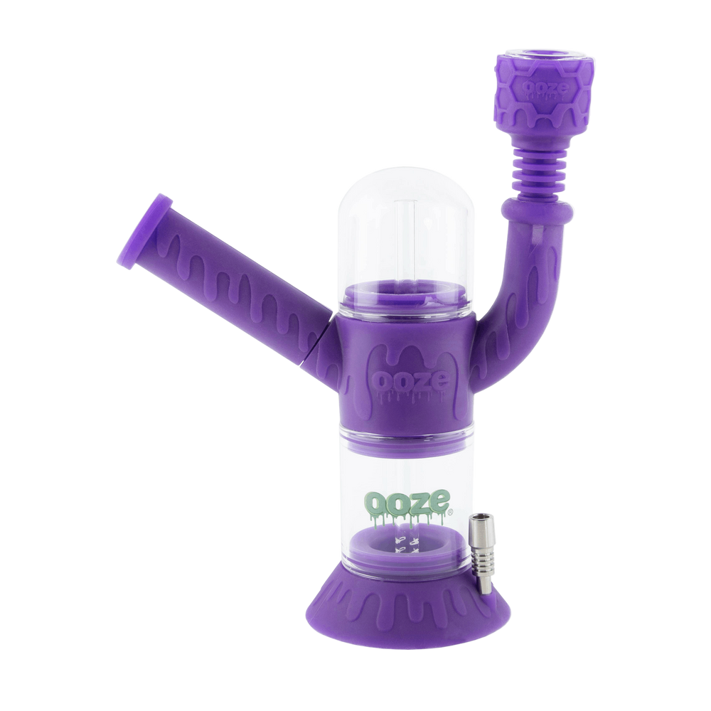 Ultra purple Ooze Cranium hybrid water pipe with skull-inspired body and clear glass chamber