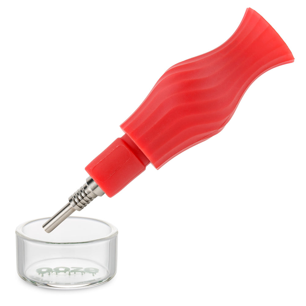 Red Ooze Ozone silicone dab straw with titanium tip and matching silicone storage container