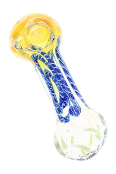 Yellow and blue color-changing glass hand pipe with striped body, dot bowl, and clear mouthpiece