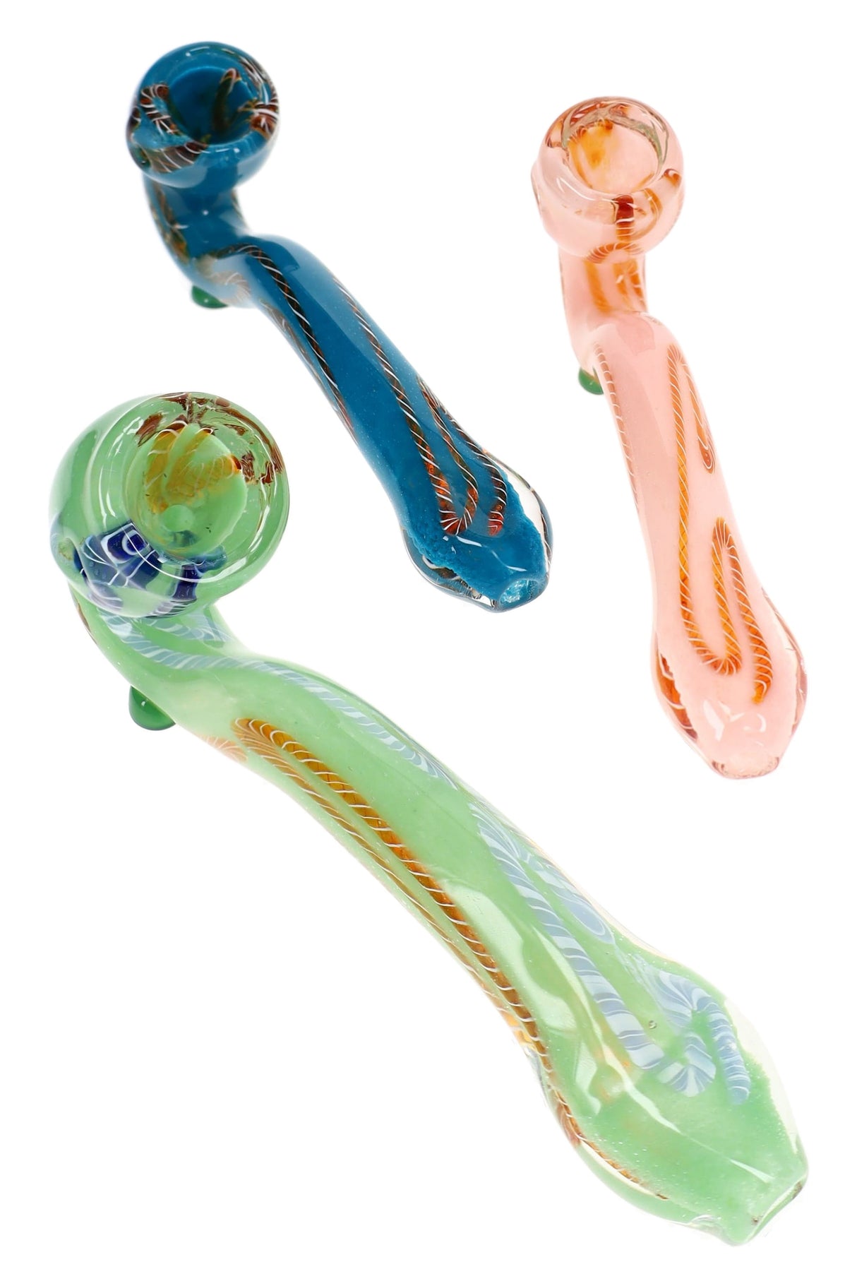 Assorted 6½″ striped frit Sherlock glass pipes with curved necks and multicolor accent details