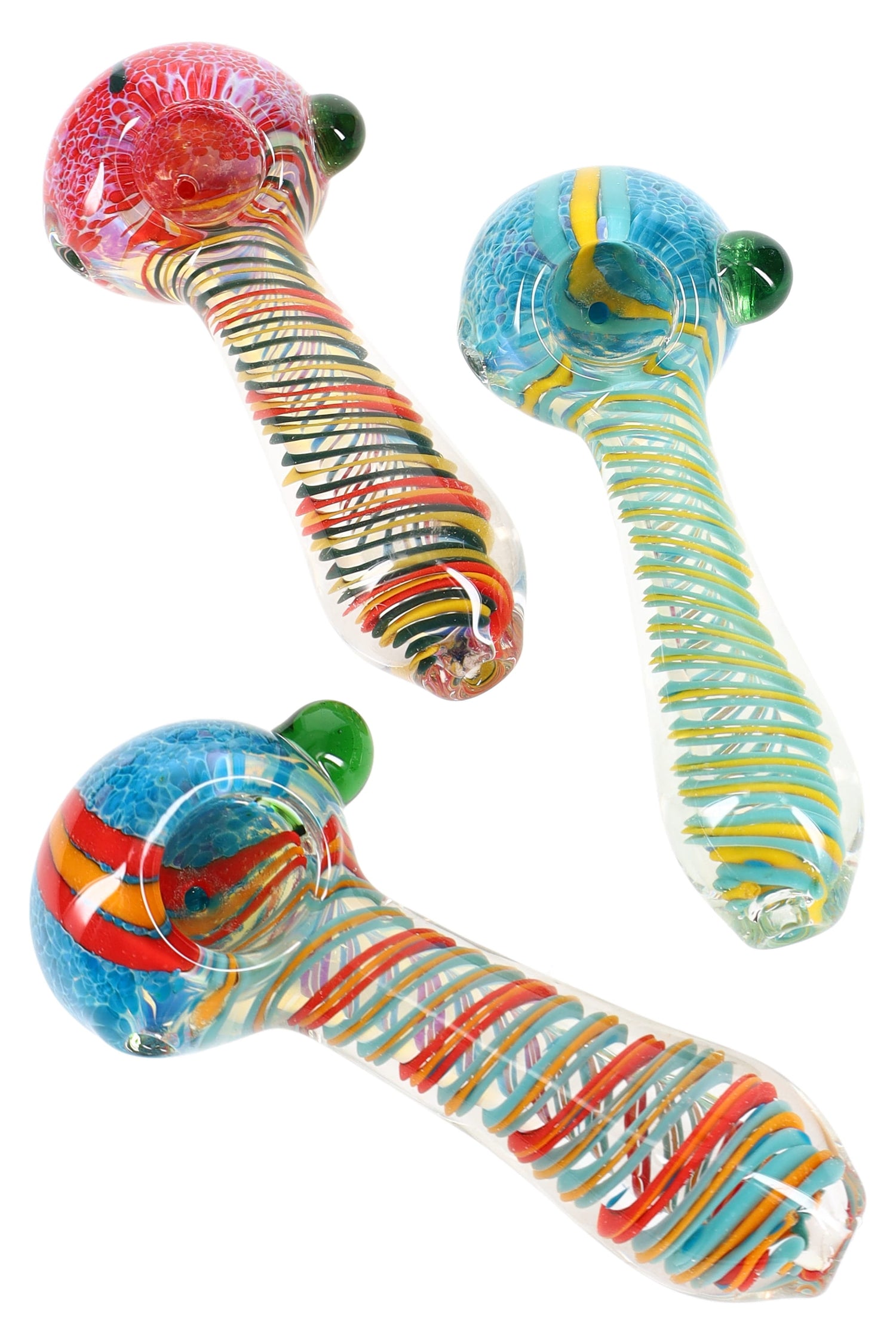 Hand-blown 4.5-inch silver-fumed spoon pipe with color-changing frit bowl, multicolor spiral stripes, deep chamber, and side carb displayed on a white background.