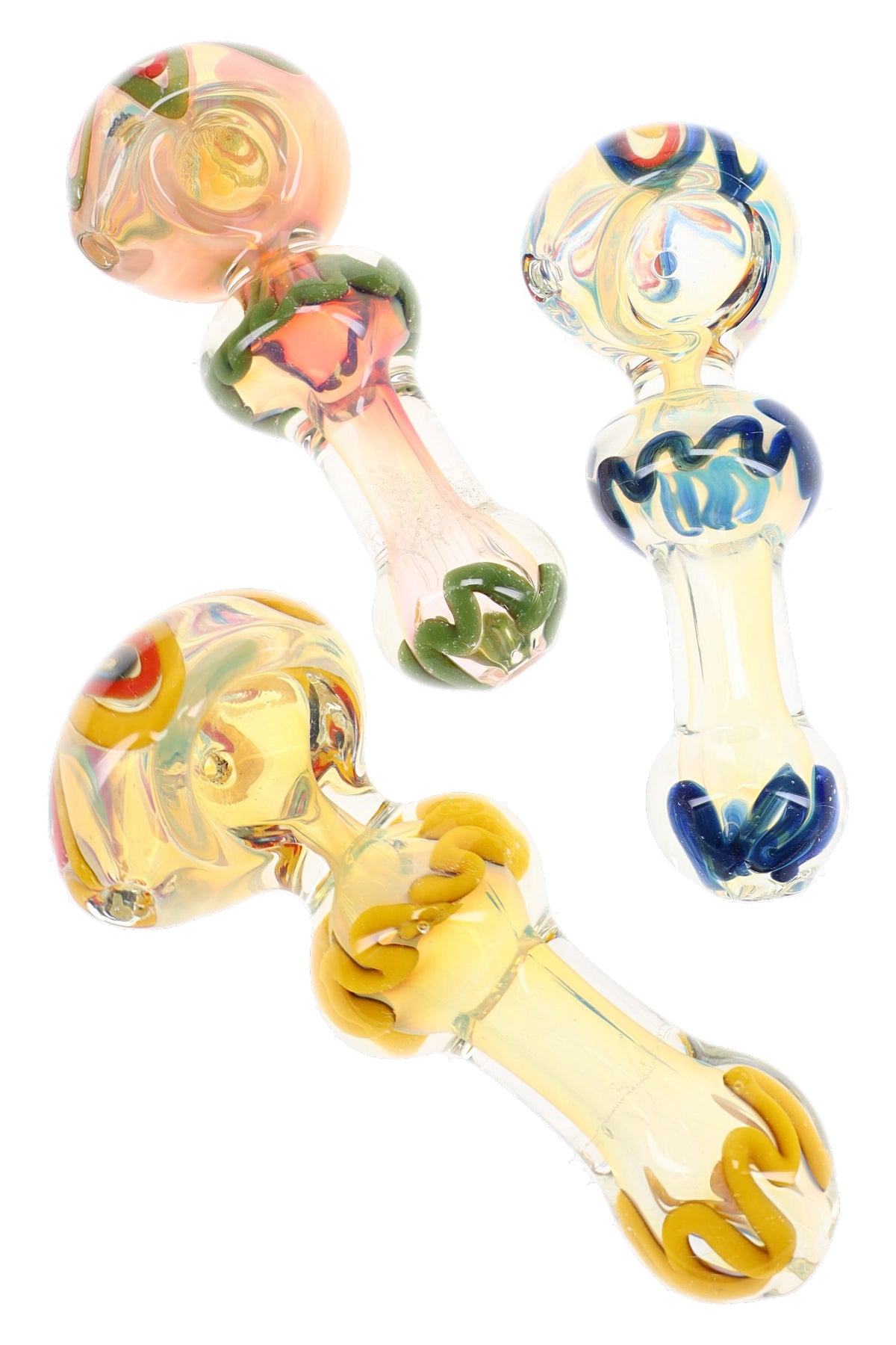 Assorted thick color-changing glass spoon pipes with red, blue, yellow, and green squiggle accents