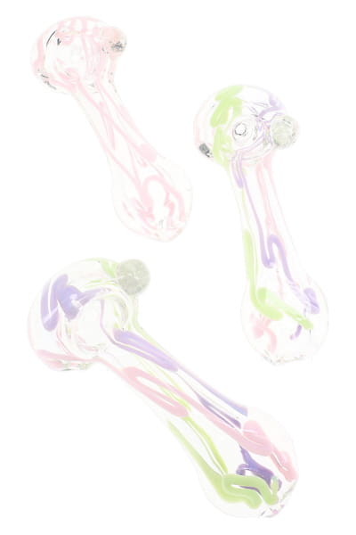 Three assorted clear glass hand pipes with pink, green, and purple neon squiggle stripe accents