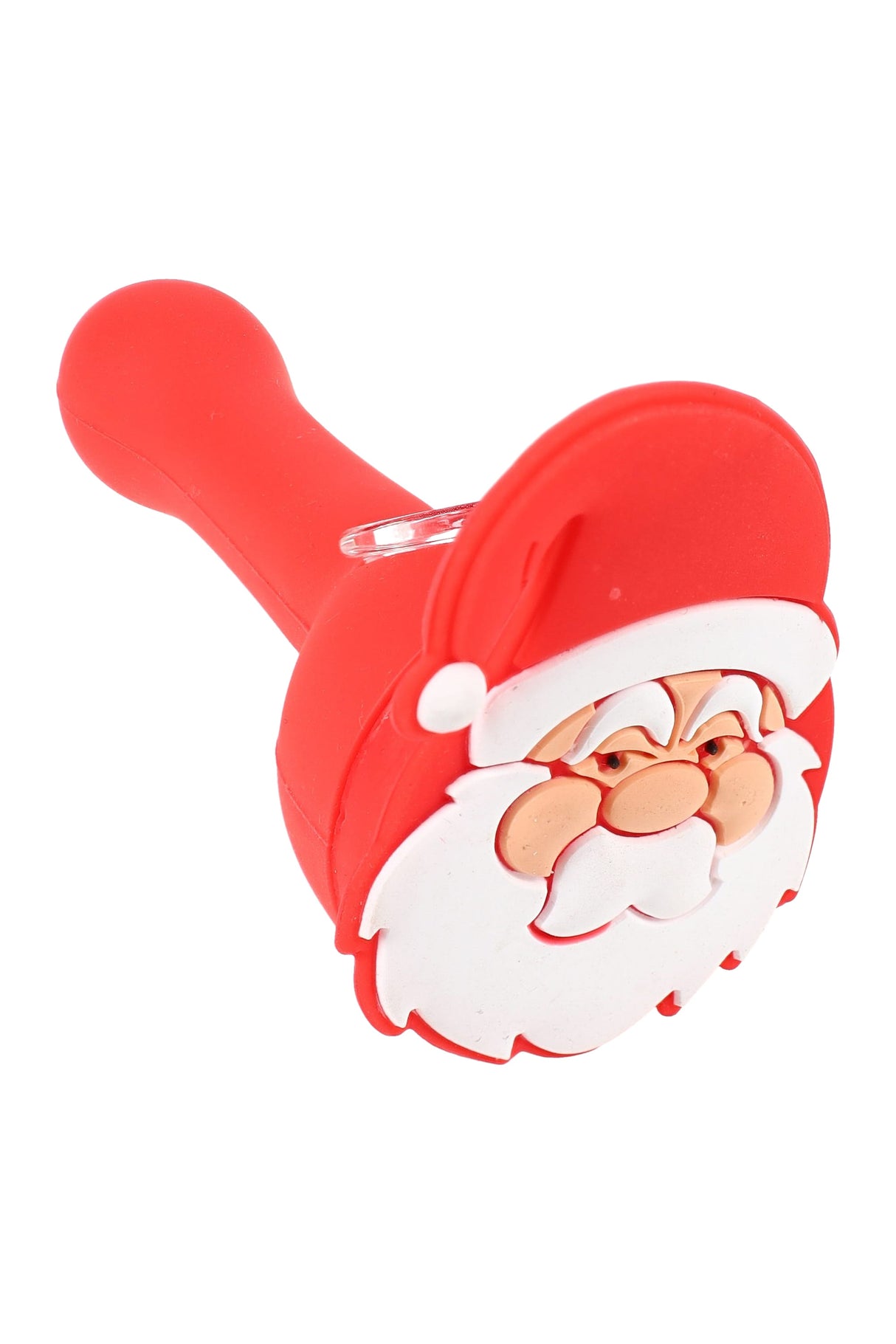 Red silicone character hand pipe with Santa face cap and clear glass bowl insert, compact 4.5″ size.