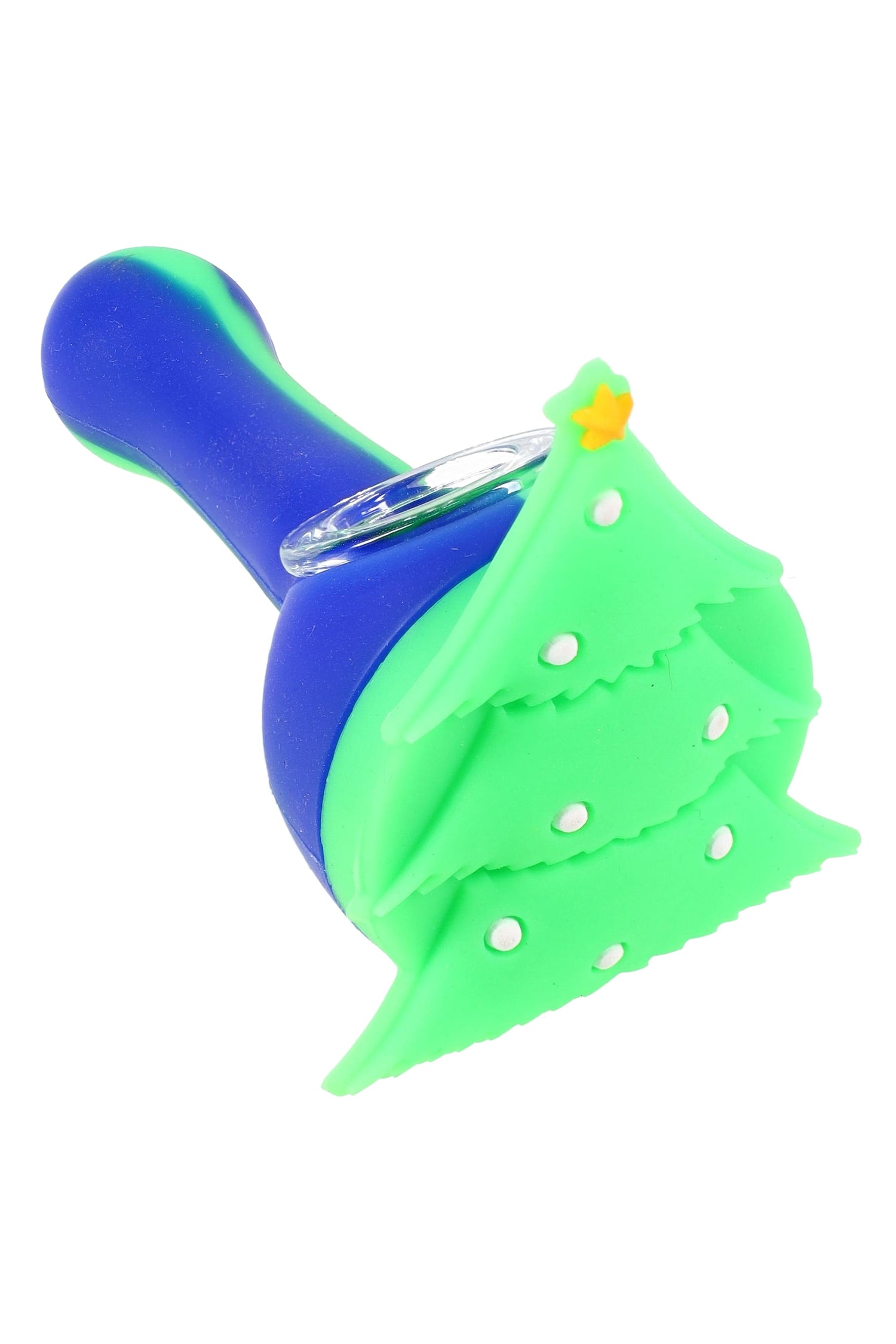 Blue and green silicone pipe with Christmas tree cap and clear glass bowl, pocket-friendly spoon shape.