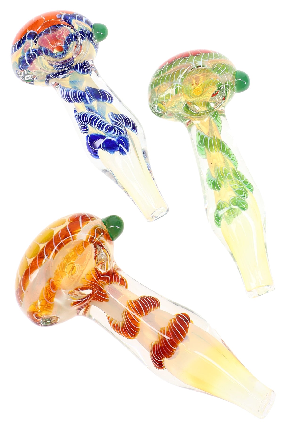 Assorted color-changing striped glass hand pipes with spiral wrap accents in blue, green, and amber designs