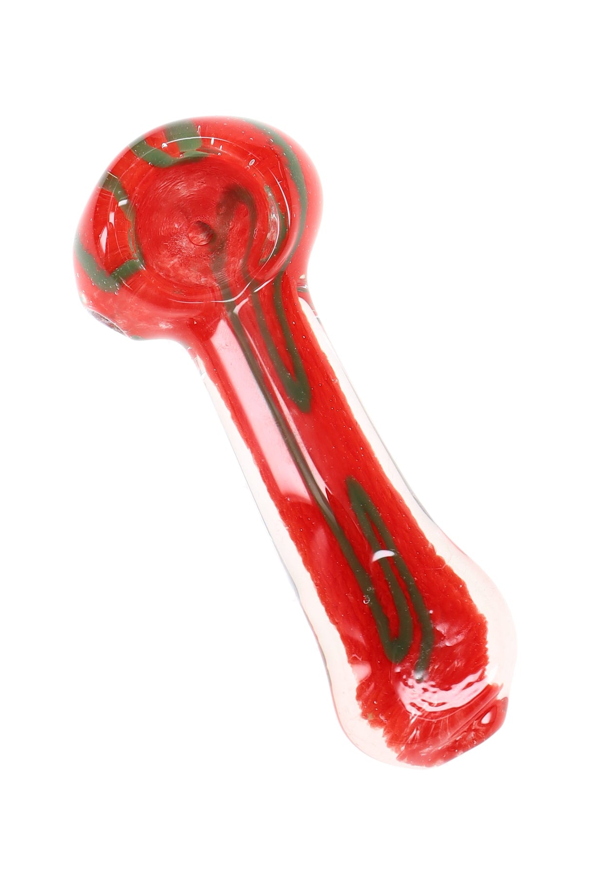 Clear glass hand pipe with bright red bowl and dark green stripe accents, rounded spoon shape on white