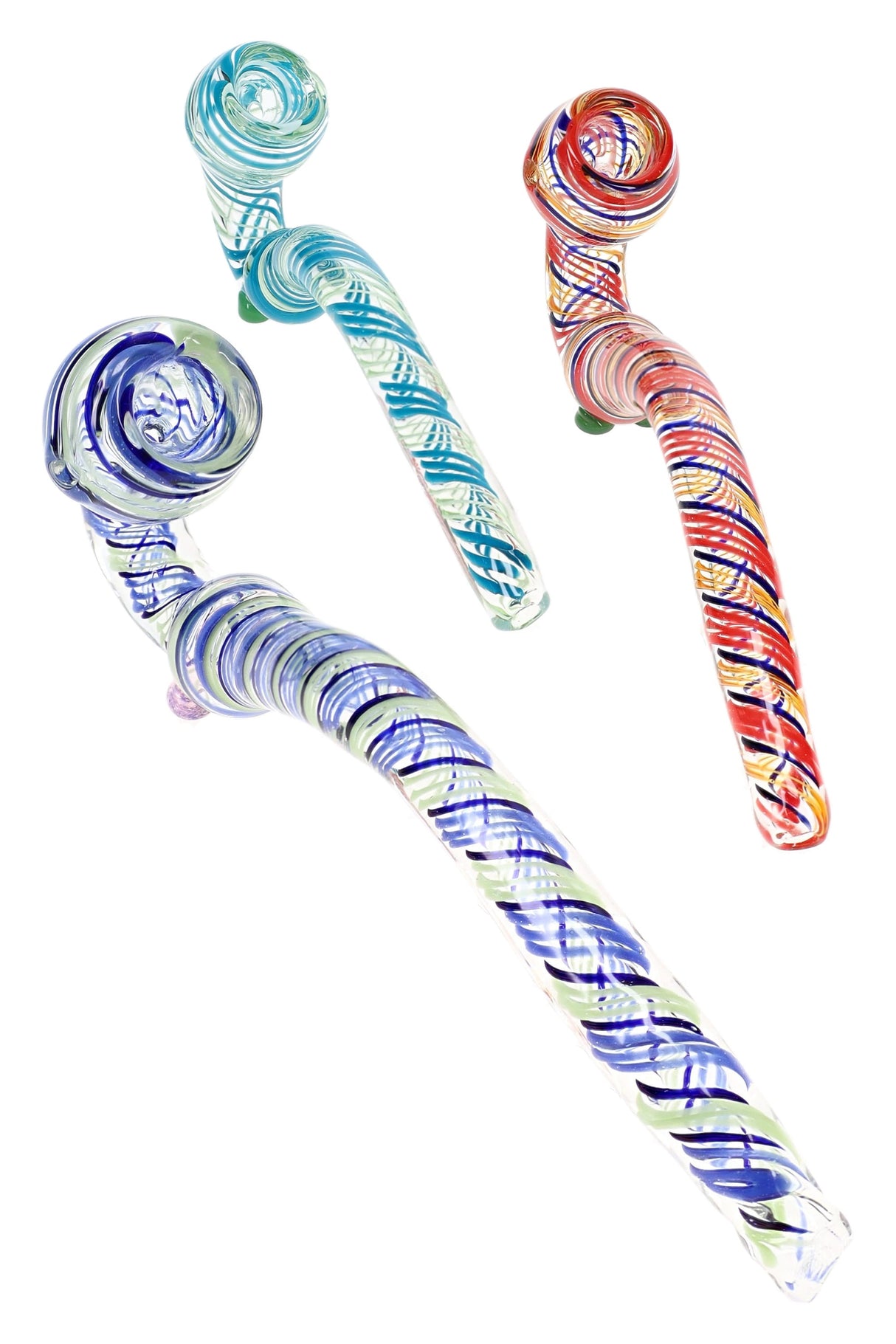 Assorted 8″ swirl ribbon Sherlock glass pipes with curved profiles and blue, teal, red, and multicolor accents