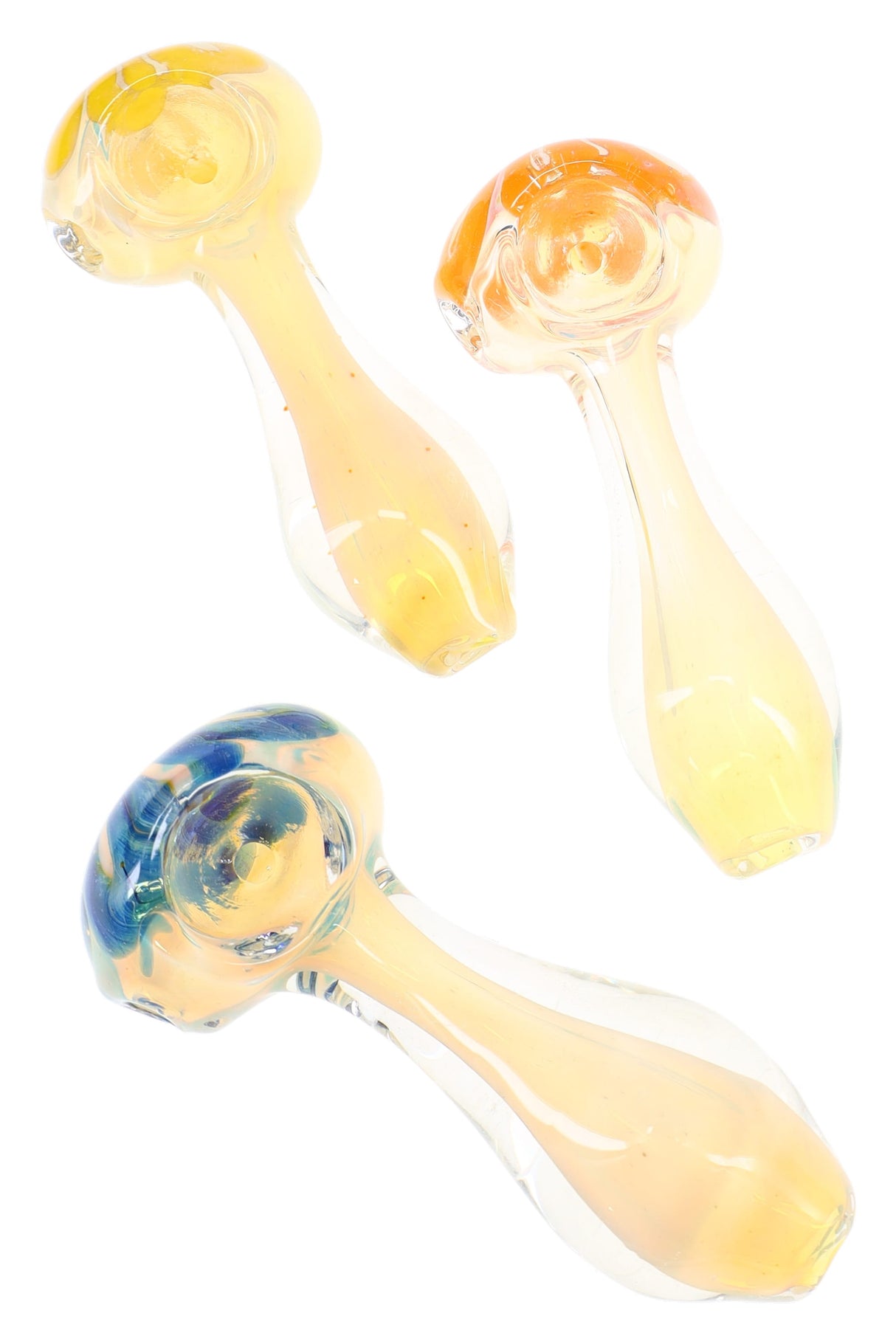 Three assorted color-changing striped glass spoon pipes showing mixed bowl accents and compact 3½″ dry-herb design