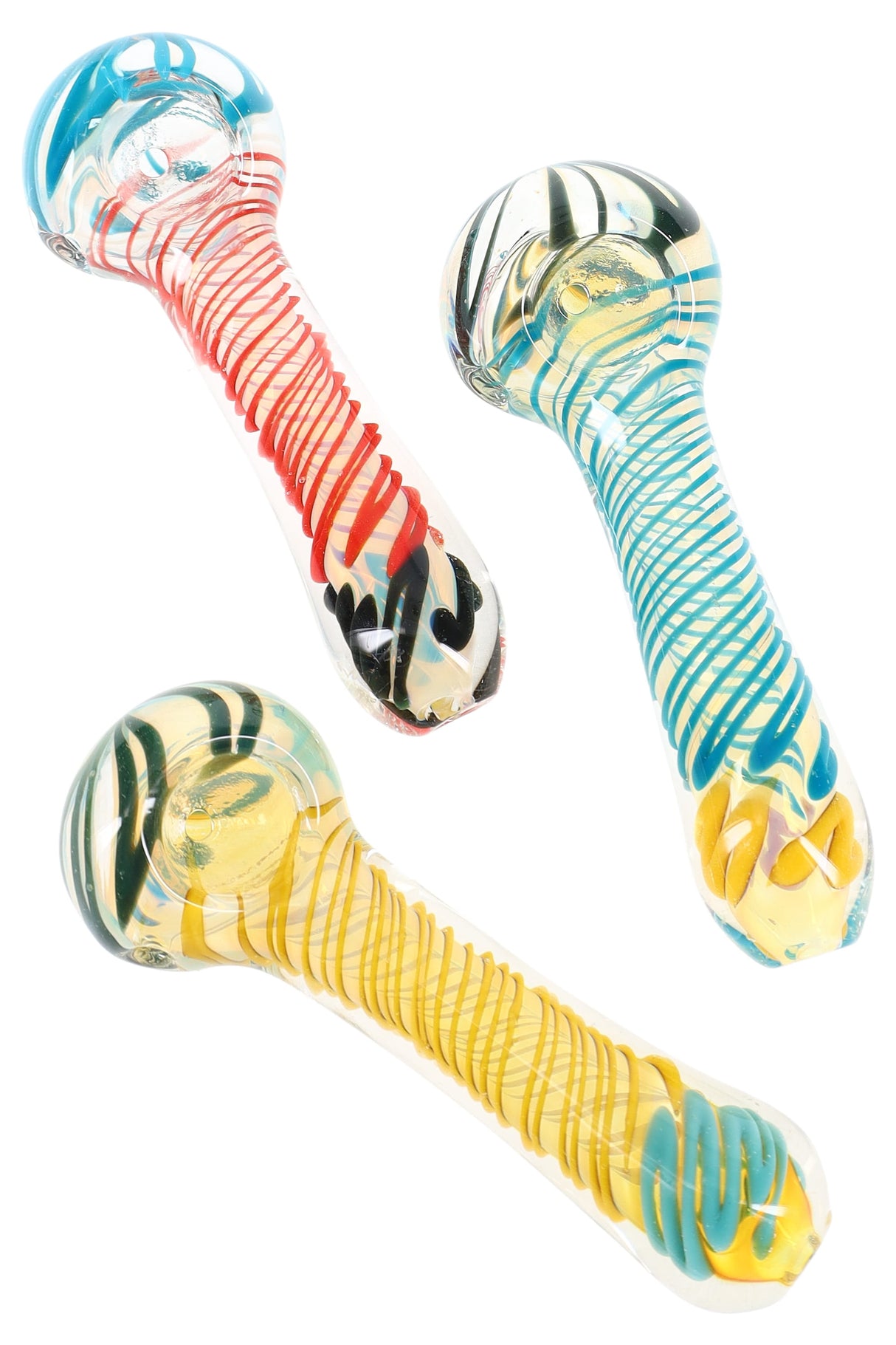3.5-inch silver-fumed glass spoon pipe with multicolor spiral stripes, deep bowl, and side carb, resting on white backdrop.