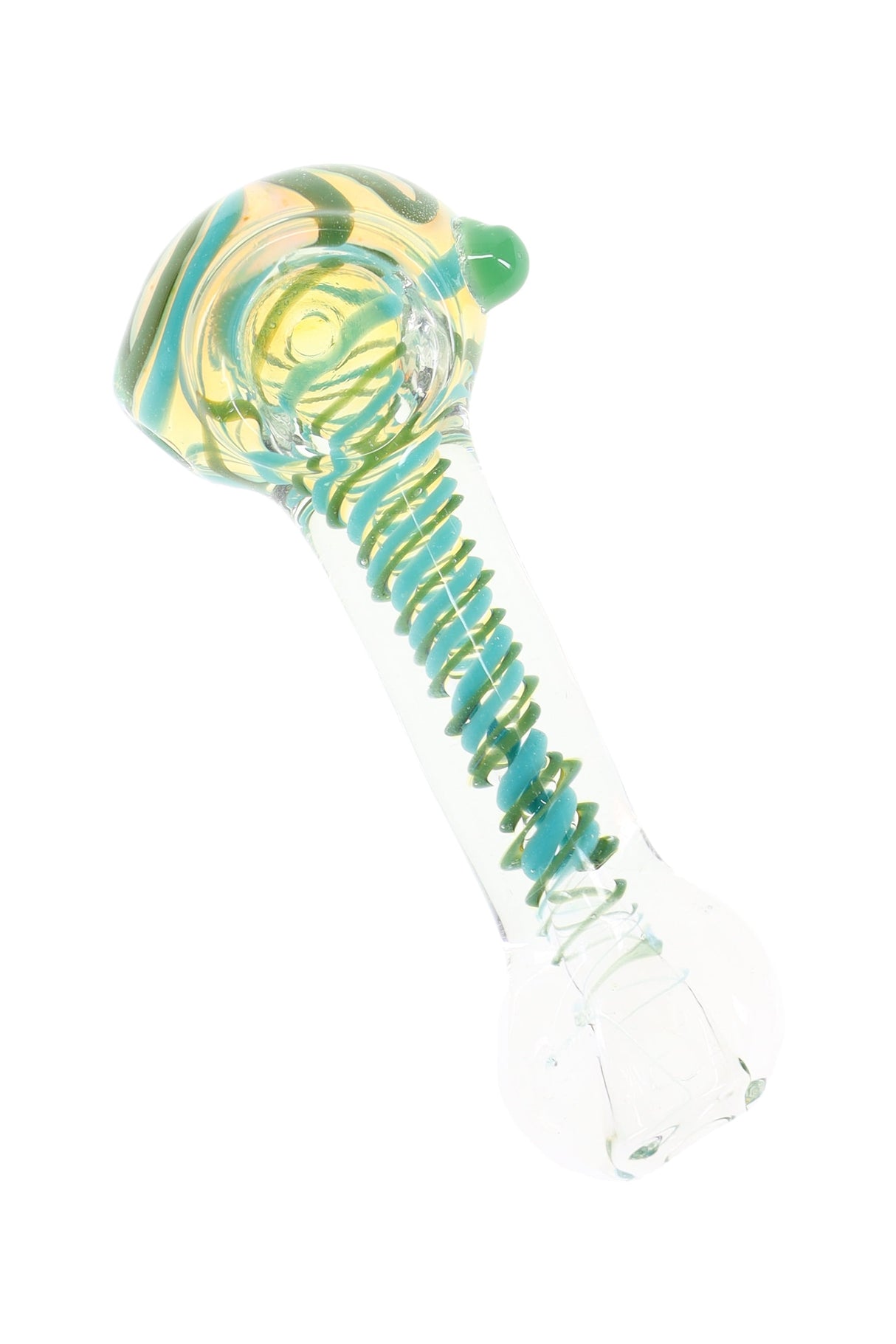 Color-changing glass spoon hand pipe with green-and-teal spiral stripe wrap and small green marble accent, 3½″ length