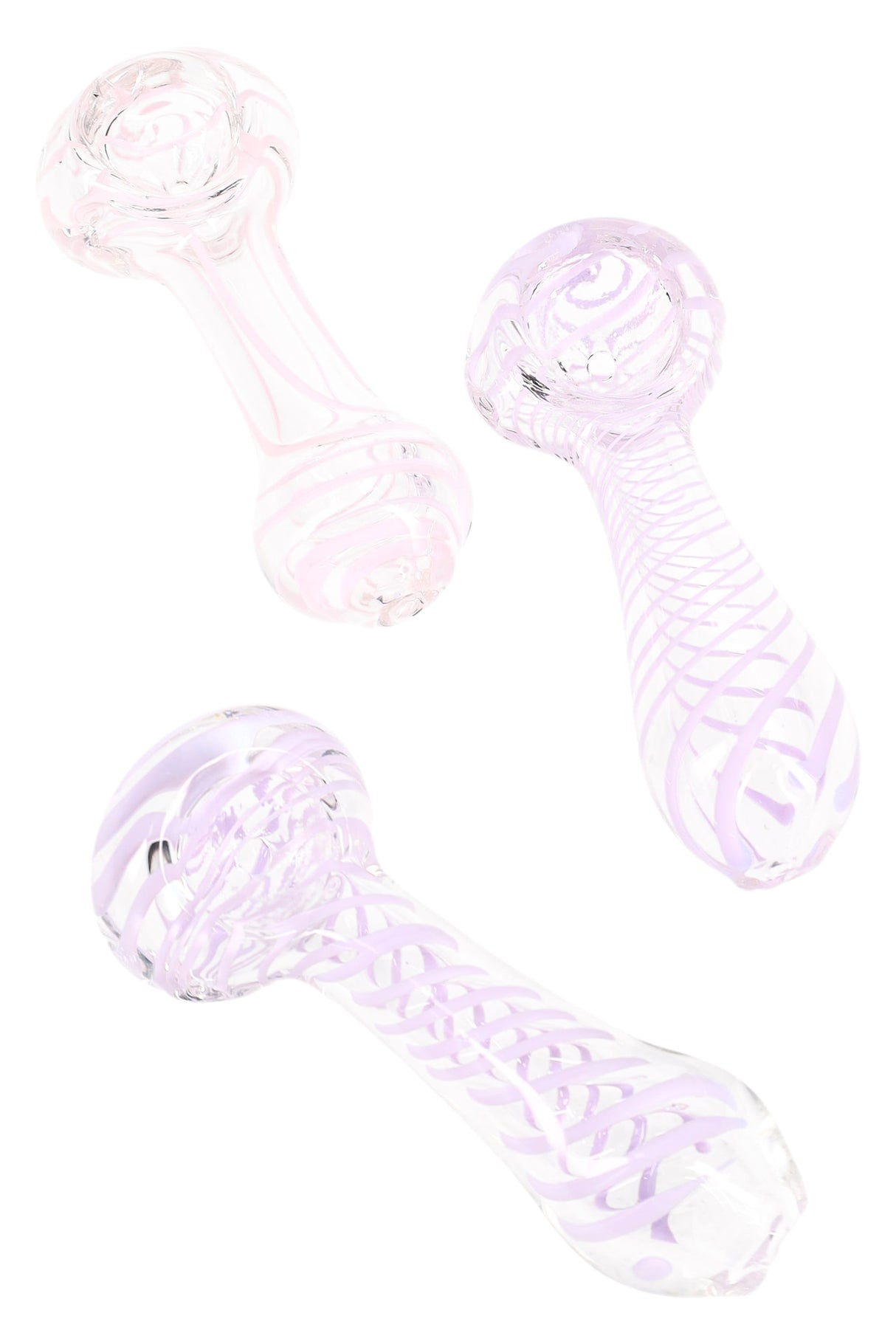 Clear 3.5-inch borosilicate spoon pipe wrapped in pastel neon spiral stripes, deep bowl and side carb visible, resting on white background.